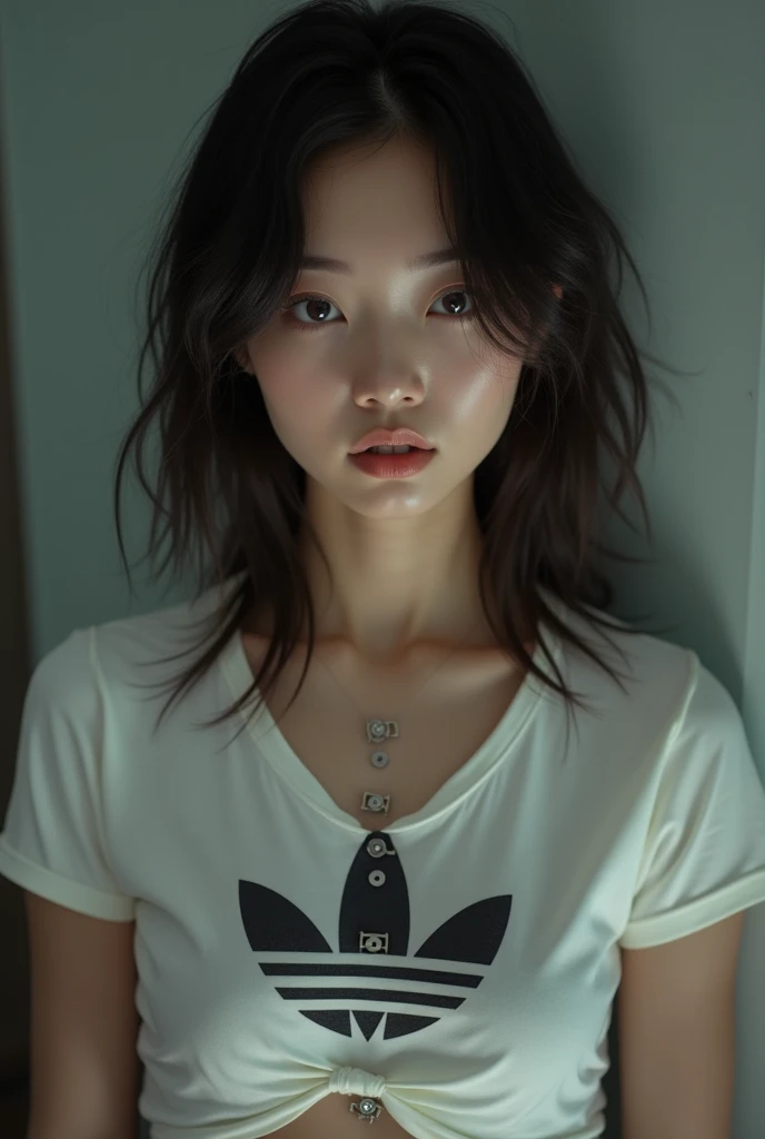 32K, Highest quality, masterpiece, Realistic, Very detailed, photograph, High resolution, 行photograph, High resolution, Confused, Smoother light, Official Art, Written boundary depth, Bright light, close, thin, Detailed face, anger, Beautiful details in the eyes, 19 years old Korean, cute, Highest quality real texture skin, T-Shirts,