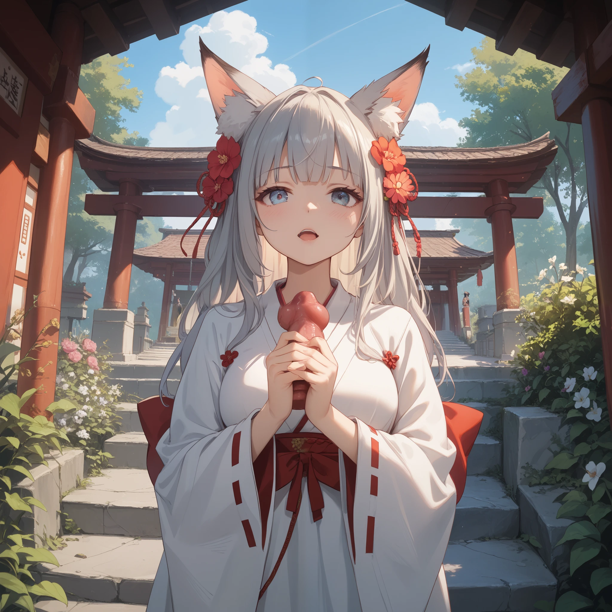 1 girl, , long hair, low twin tails, fuzzy twin tails, white hair, fox ears, animal ear fluff, Fox Eyes, cherry blossoms, Milky Way, portrait, shrine，Red and white collar，Has a big bell，cherry blossoms吹雪，Fluffy，fox tail，smile，Raw photo，、shrine maiden、Red Torii Gate