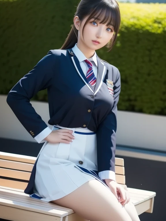 (8K、Raw photography、Highest Quality、hentail realism、Photorealsitic、Professional Lighting、tmasterpiece、Very delicately beautiful、Highly detailed、finedetail、ultra - detailed、hight resolution、beautiful and detailed face、Spread your legs wide、beautiful legs、Angel smile、Textured skin、full-shot:2、Full-body angle:1.5)、1girl in、独奏:2、Colossal tits、爆乳、beutiful breast、beautiful model、beautiful expression:1.5、Spread your legs wide、Crab crotch、Big High School Girl、blazers、I can see the cleavage、white shirt、Navy Check Skirt、poneyTail、Straight brown hair、plain colour skirt、White panties、shoes、Schools、A lot of people are watching
