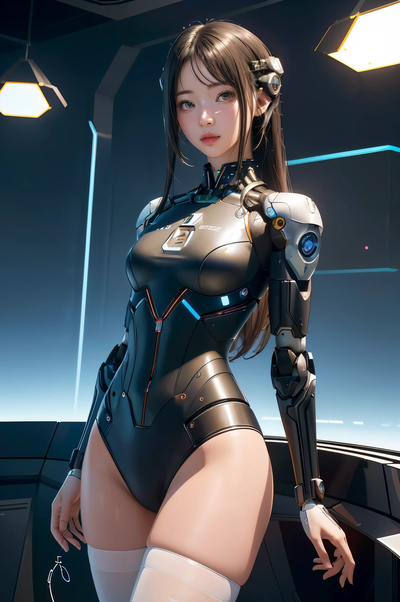 ((top-quality)), ((masterpiece)), ((realisitic)), (detaileds), (Photorealsitic:1.5), Future Girl, japanes,(thick body), (White bodysuit), 23years old,lights on armor, Cybernetic Headwear, Exposure of the abdomen,Looking at the camera, dynamicposes, 科幻小说, nffsw, 光线追踪, NVIDIA RTX, Hyper-Resolution, Unreal 5, Sub-surface scattering, PBR Texturing, post processed, Anisotropy Filtering, depth of fields, Maximum clarity and sharpness, thirds rule、8K Raw、(Luminescent particles:1.4)、(extremely details CG、Unity 8k Wallpapers、。.。.3D、lighting like a movie、lensflare)、Reflectors、foco nítido、Cyberpunk Art、Cyberpunk architecture、