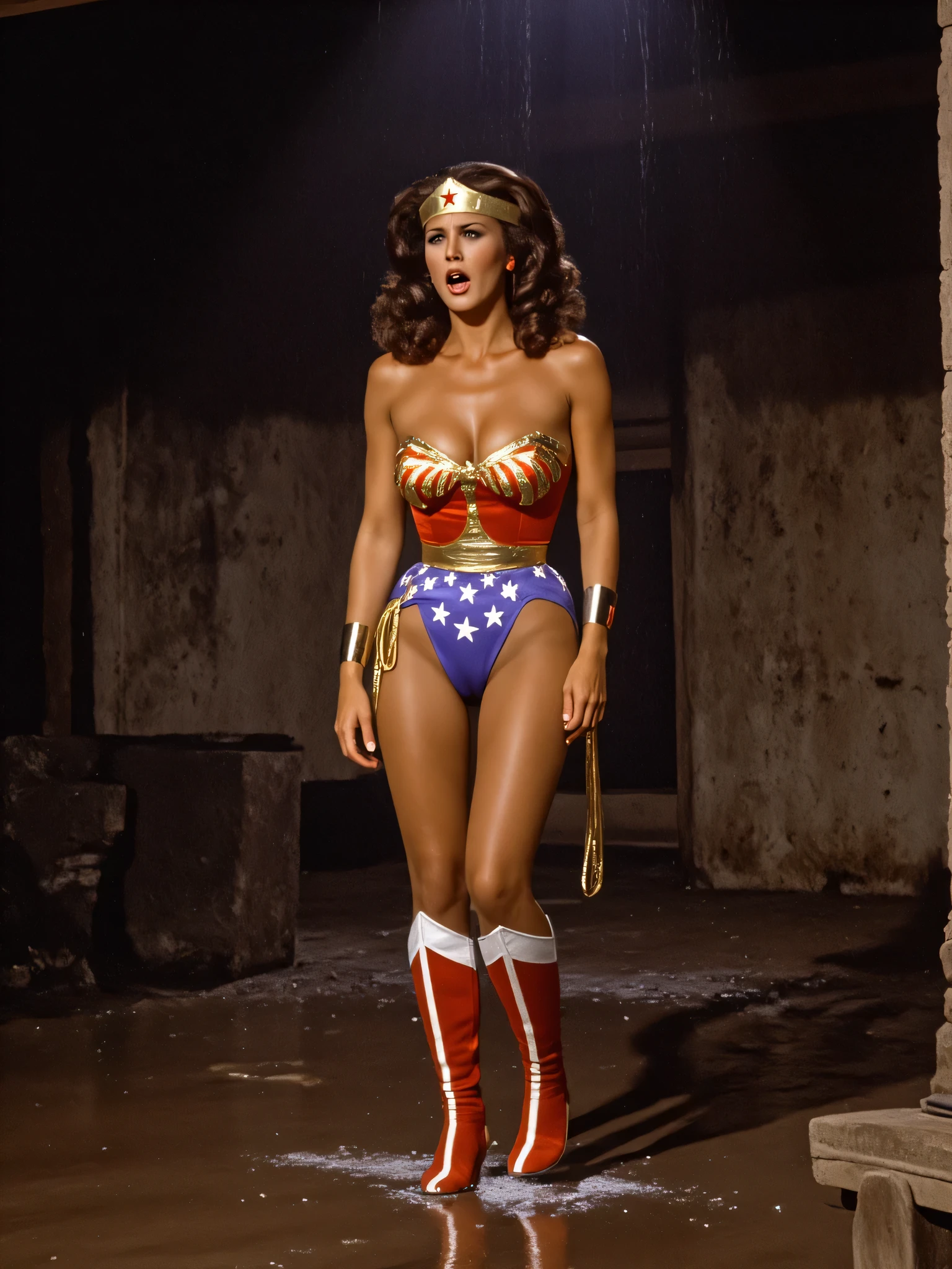 Lynda Carter as Wonder Woman, standing sexy, screaming in agony as her costumes destroyed and torn off her top total humiliation, wearing only satin bottoms, full bruised and beaten injured body photo, she surrenders in sexual defeat, having a complete body orgasm, dark wet concrete in hazy dripping wet dungeon, so beautiful and sexy as she is suffering, wet open mouth, sweaty skin, a vision of a beautiful victim, nsfw