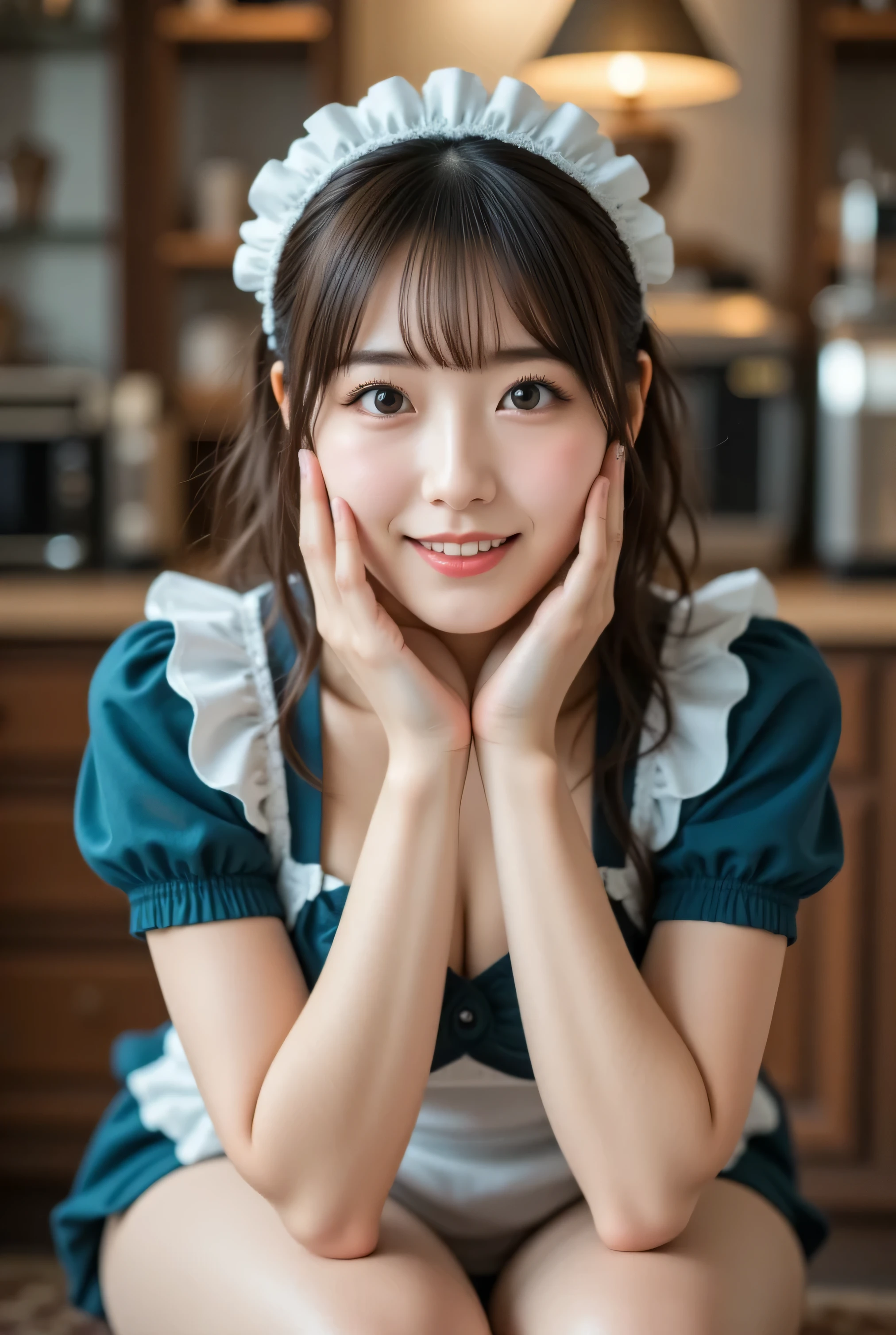 『 1 girl:1.3』 top quality:1.2、(( Big Breasts ))、 Slightly Visible Cleavage 、(( young woman))、(( has red cheeks))(( laughing))、((( anatomically correct、 perfect anatomy、 anatomically correct指))) bust up shot 、( plump body)、( Masterpiece」:1.2,8k resolution, RAW photos , top quality, ), High-definition color photos, professional photos , (reality, Realistic Pictures:1.37), ((whole body photo, whole body)), ( Beautiful 30-year-old Korean adult woman ), Cinematic Light, ( beautiful face with double eyelids :1.5), (whole body photography), ( top quality:1.2), ((Large, striking eyes, Beautiful double eyelid eyes)), ( Close Her Mouth and Smile :1.2), ( watching viewers :1.2), (Crouching in front of the audience, Crouching to see her panties ), ( white panties), Panties Fully Visible , (Detailed cyan and white maid outfit :1.2), Long Beautiful Legs ,Big Breasts,( Beautiful face brightly illuminated by natural light), Show the viewer her crotch , Make Eyes with the Audience , Shooting in the kitchen, Posing with her hands on her cheeks , Seaweed