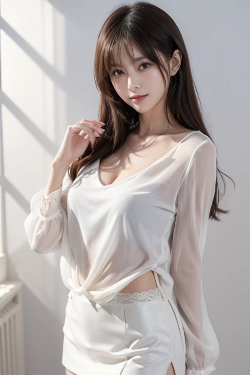 masterpiece、highest quality、Official Art、Highly detailed CG Unity 8k wallpaper、like 、Very delicate and beautiful、超A high resolution、（Photorealistic：1.4）、Golden Hour Lighting、（Upper body）、（Platinum Short Hair：0.8）、（Puffy eyes）、Looking at the audience、Facing forward、Laughter、jk skirt、White Dress、Shirt lift、Bans、Brown hair with wavy ends,((Sexual pose:1.5))、((Panties:1.5))