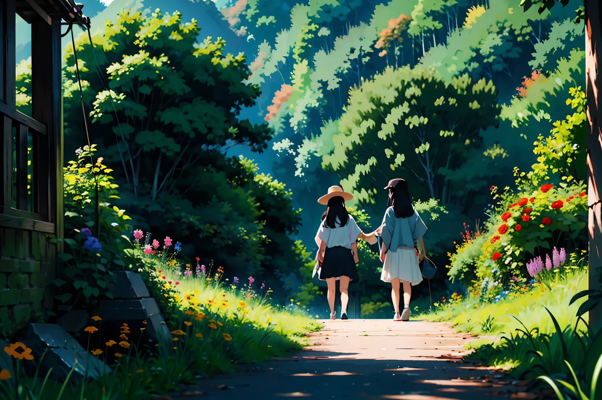 Two girls and a calico cat 、 (Take a walk with a calico cat :1.2)、On top of the stone walls of a Japanese castle ruins、 black hair, short hair while on a business trip、 long hair, hair tie , Hair Band , Hair Accessory , straw hat、 skirt 、 spotted sunlight 、Outdoors, nature, tree々、 Compa、rock、countryside、Suburban、( blur background)、4K、8k、 wallpaper、 best quality 、 HD、Masterpiece、