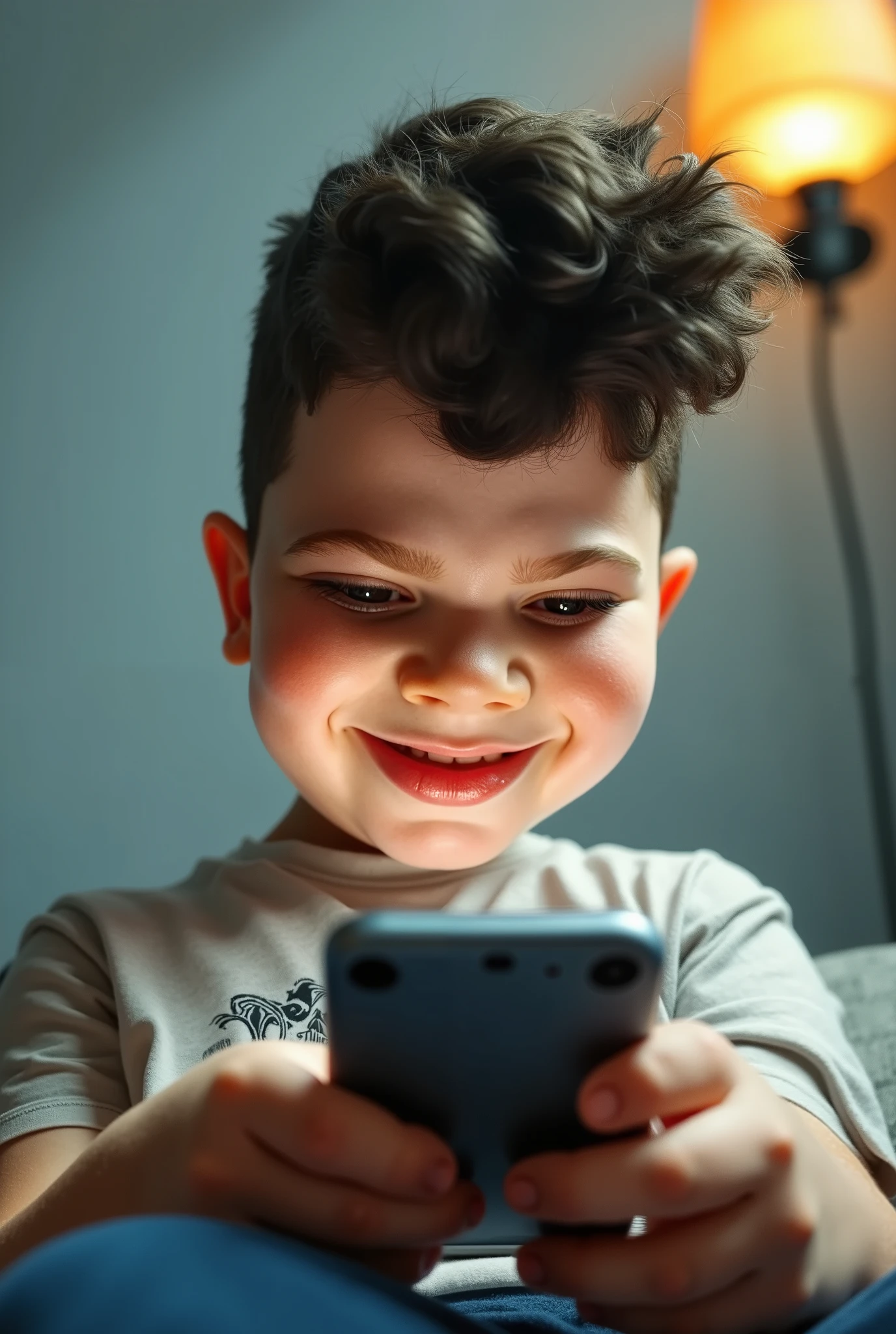a cartoon caricature of a boy playing vídeo game on smartphone, portrait, exaggerated features with a large nose and big eyes. Glowing cinematic lighting background.