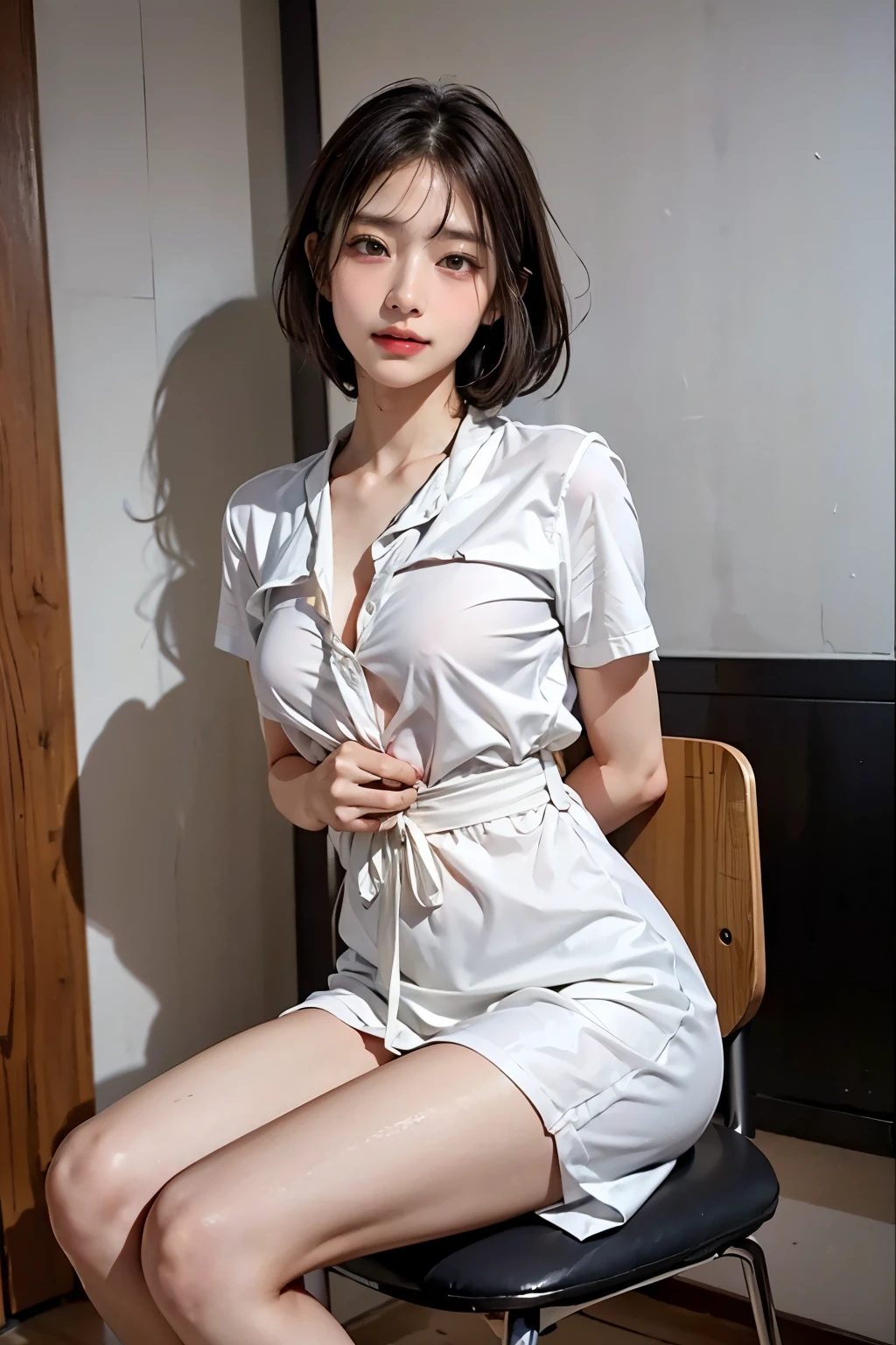 Masterpiece, 8K, award-winning photos, photorealistic, realistic, ultra detailed, ultra high definition, ray tracung,
__
shiny skin , detailed skin , detailed face , detailed eyes , the most beautiful, 22 years old ,(sexy,Japanese idol, gray hair, short hair), (dark skin:0.8),
__
(droopy eyes:1.3) ,(Natural makeup),(smile:1.3),glistening teeth,
__
glowing blue eyes, shutting eyes, light color large nipples,
__
BREAK (black theme:1.4), (tucked out and button-up oversized black collared-shirt dress with black shirt dress-hem:1.5), (long sleeves:1.2), ((collarbone, wrist):1.3),
BREAK (White theme:1.2), (White tight long-pants:1.2), (ankle:1.3), (high heels:1.2), ((necklace, earrings):1.2),
__
at a shopping mall, highly detailed background, , ultra-realistic textures, dramatic lighting ,raw photo, 1girl,