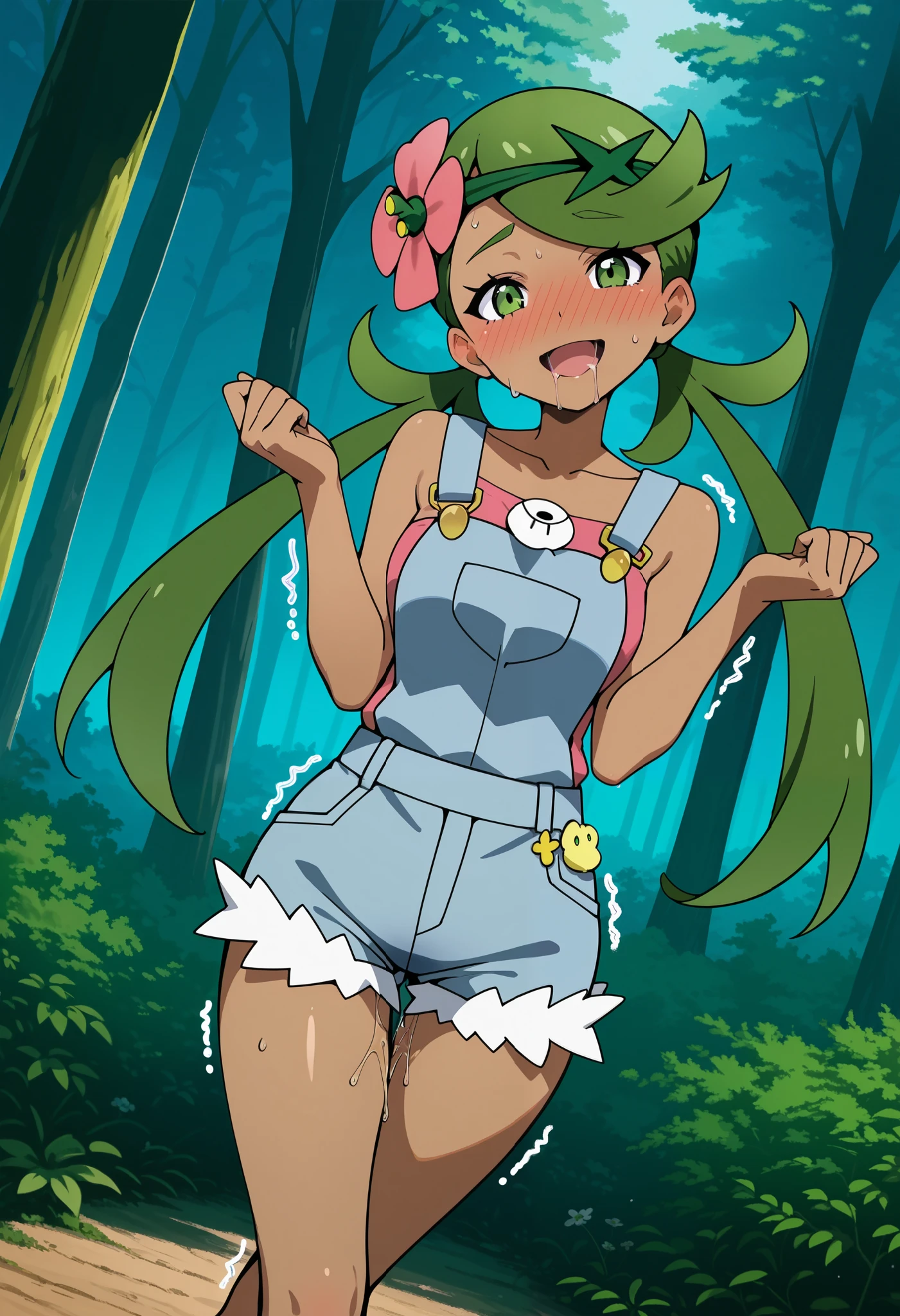 score_9, score_8_up, score_7_up, source_anime, mallow, 1girl, solo, long hair, bangs, hair ornament, twintails, green eyes, flower, green hair, hair flower, dark skin, dark-skinned female, swept bangs, mallow (pokemon), a bewildered face, bewildered smile, open mouth, Saliva, be shy, looking at viewer, head tilt, body shaking , nose blush, blush, collarbone, sleeveless, pink shirt, denim overall, thighs, outdoor, forest, standing, crossed legs, y arms, pussy juice, sweat, sweat skin. Dutch angle.
