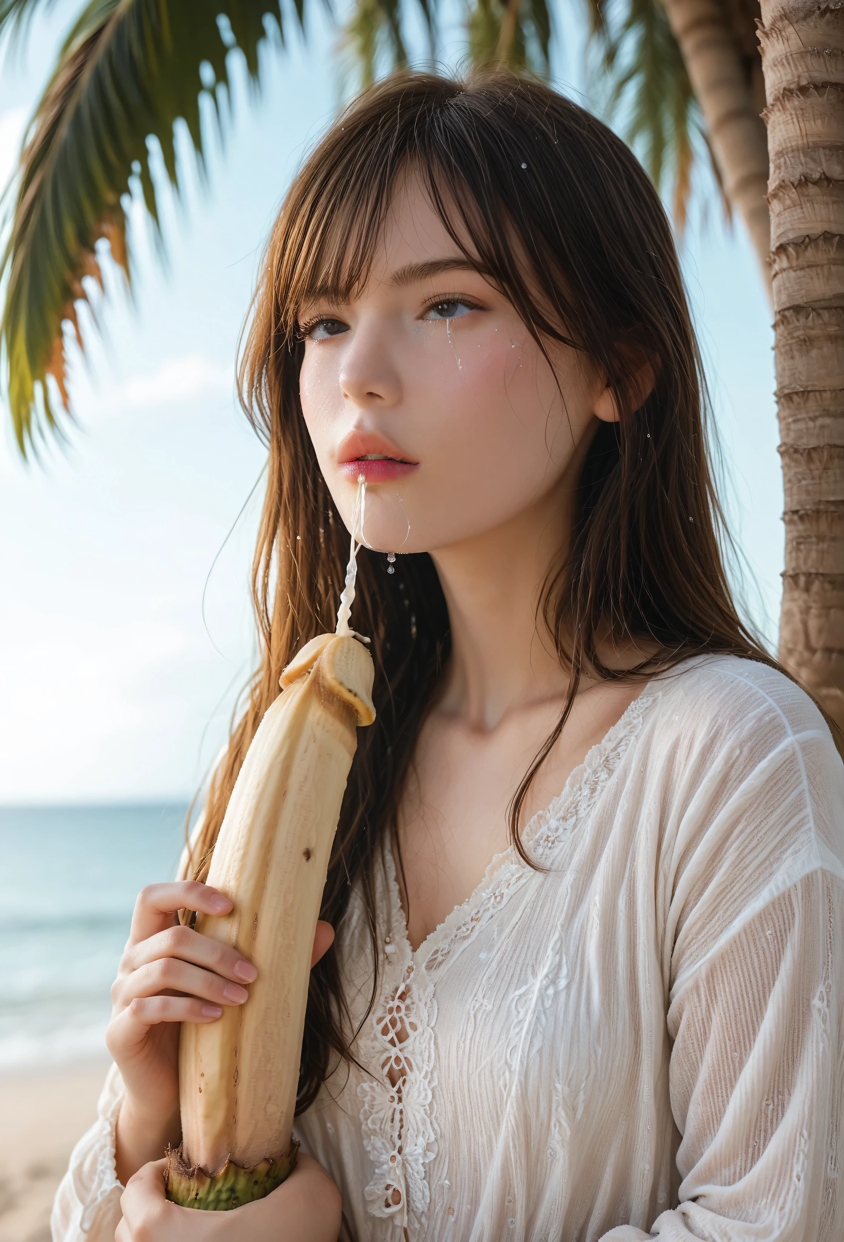 Masterpiece, Accurate, Anatomically Correct, HD, Super Detailed, Textured Skin, UHD, Long black-haired beauty crying under a huge banana tree while using long white clothes holding a doll Realistic photoshot fullbody