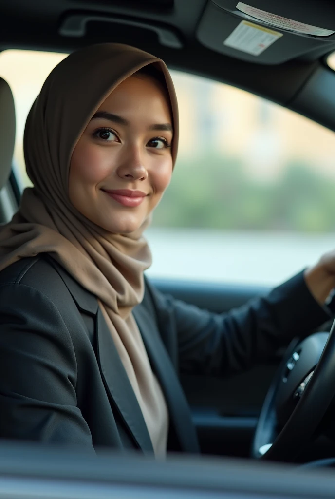 hijab girl driving car with glasses and pretty makeup smiling