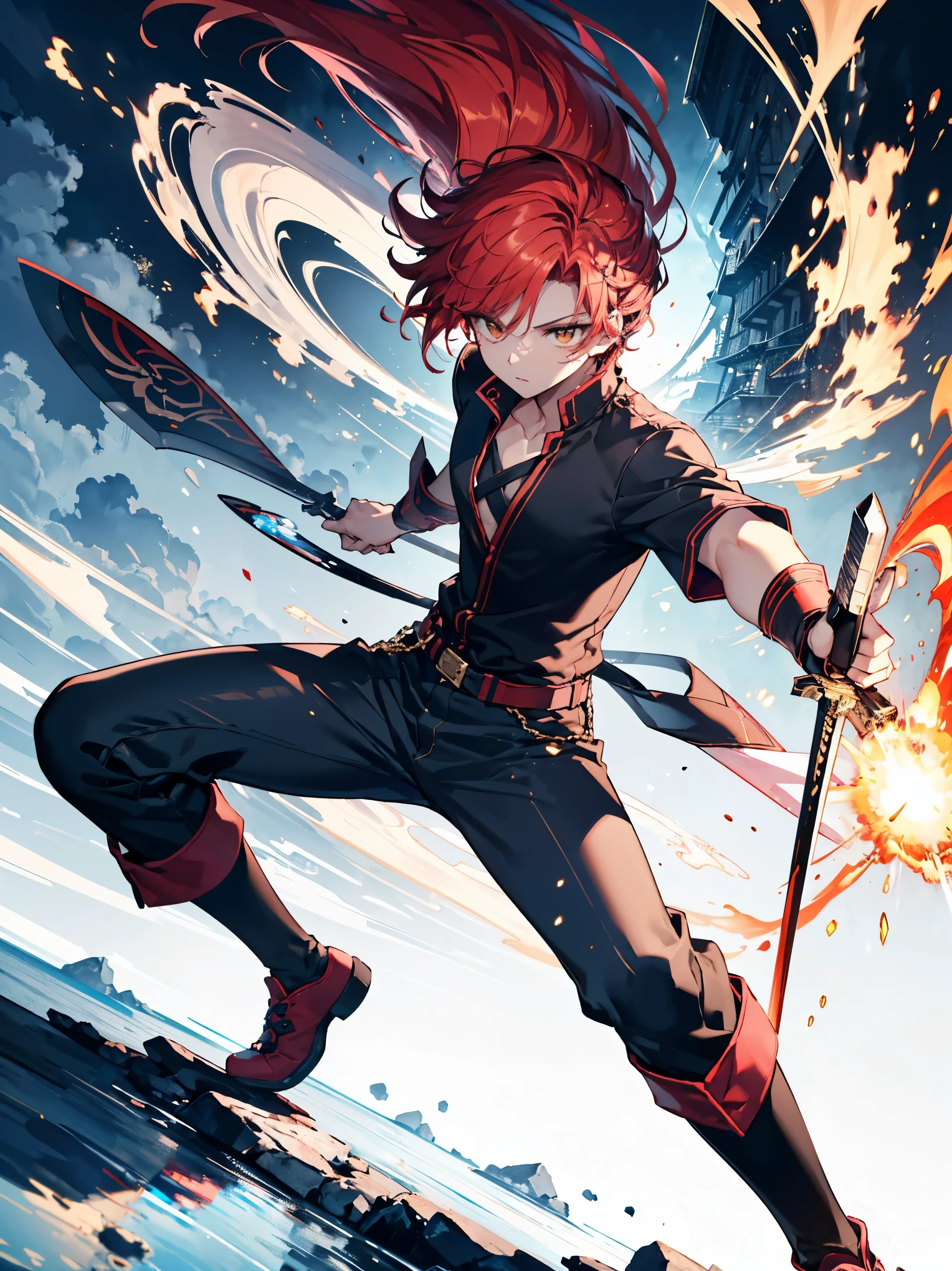 masterpiece, ((best quality, delicate hair, delicate eyes, ultra-detailed,)) ((male, handsome male, sharp golden eyes, androgynous face, bright red hair)), ((golden eyes, mysterious appearance, muscular, wearing disheveled black shirt, black skinny pants, red dual swords, dual-handed sword stance, precise sword stance, swordsmanship posture)), sword master, (dynamic pose, battle stance, cloudy sky background, detailed anime style illustration, intense expression, aura of hidden power, flames and sparks, extremely detailed, strong shadows), ((proper hand anatomy:1.4)), ((proper body anatomy:1.4)), ((proper leg anatomy:1.4)), ash, ice, ink wash painting, ink splashing, color splashing, action lines, motion blur, dramatic lighting, sword reflection