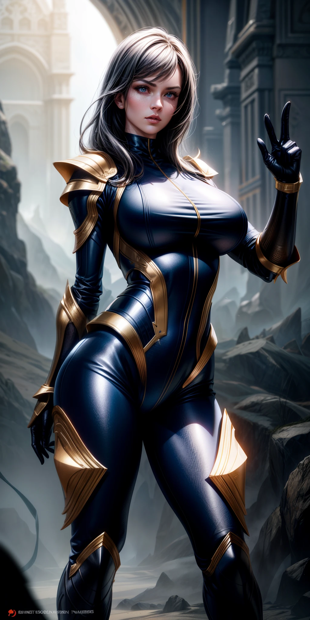 (Masterpiece, Best quality: 1.2), Absurd, (Traditional media: 1.2), (2D:1.2), (Center: 1.3), illustration, skirt_tail, Highly detailed, (super detailed), medium shot, realistic, (Full body: 1.2), (Perfect female figure), a woman in a futuristic suit with horns and horns on her head, standing in front of the futuristic city, 1girl, bangs, black hair, tights, puffiness, large breasts, horns, long hair, looking at the audience, makeup