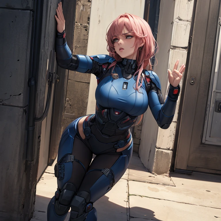 16mm, golden ratio, enders game style, extreme details, full body, walking towards the viewer, mainly white skin-tight bodysuit, athletic european woman, 18 years old, pink hair, realistic body proportions, (natural body:1.2), relaxed face, beautiful face, perfect hands, futuristic army boots, cameltoe, thigh gap, small hips, futuristic setting, solo.