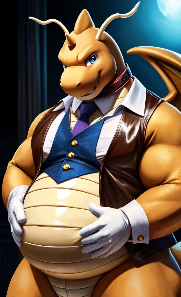 Solo, Male, fat, extremely obese, gentleman, dapper Professor Dragonite, blue eyes, (posing:1.3), (soft shading), 4k, hi res, ((detailed face, detailed)), looking at viewer, evil grin, jungle, forest, collared shirt with buttons, top hat, male focus, Explorer Outfit, glasses, monocle, bag, vest with buttons, backpack, sleeves rolled up, round eyewear, brown headwear, brown vest, Dragonite is wearing a glossy leather dog collar around the neck, Dragonite is wearing the leather collar and shirt and vest at the same time, Dragonite is wearing glossy white rubber gloves on the hands, wearing white rubber gloves on the feet, Dragonite is wearing glossy white cuffs around the wrists with cufflinks, gloves are rubber in texture, clenching teeth, clenching fists, leather collar is glossy and shiny with a lot of detail, Dragonite is wearing gloves and cuffs and cufflinks at the same time, leather collar has a round dog-tag, leather collar is thick and detailed.
