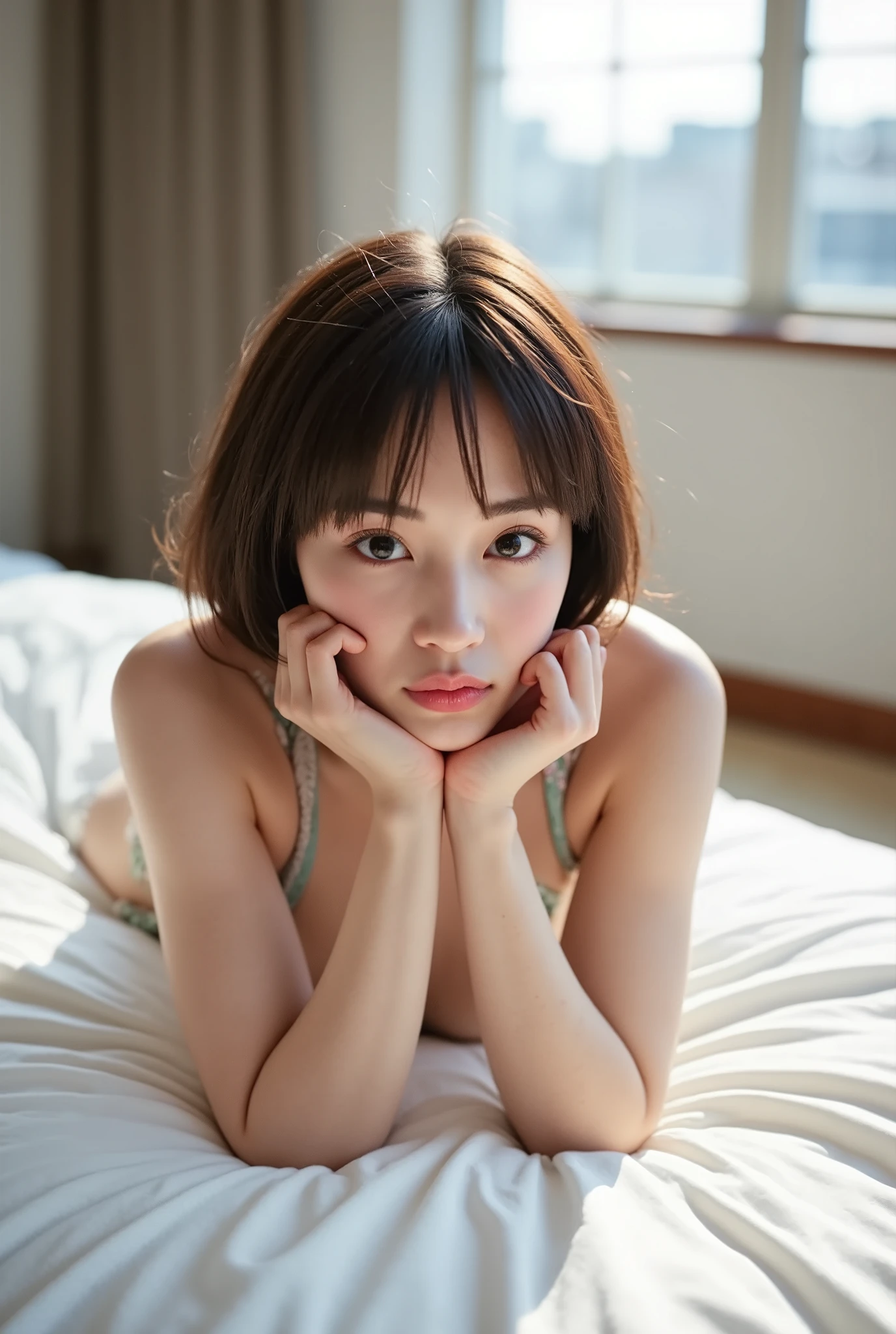 Masterpiece, best quality ,16k,8k, beautiful, super high definition, Super high quality , nsfw,( Sharp Concentration ), ( Super Detailed Beautiful Japanese Beauty Female Idols, She is lying face down, emphasizing her cleavage.:1.7), ( troubled face:1.3), Woman in the center of the image, Photorealistic , hyperrealism , ( micro bikini, big boobs:1.5) ribbon hair accessory, glitter effect, look up,