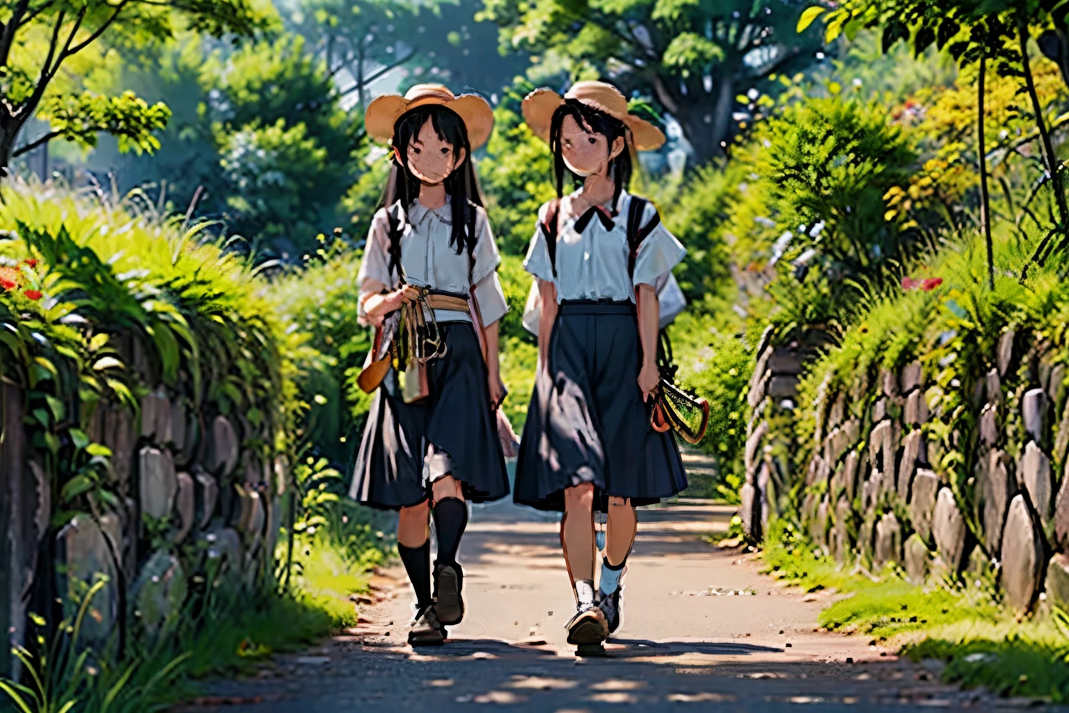 Two girls and a calico cat 、 (Take a walk with a calico cat :1.2)、(Pushing a bicycle:1.2)、On top of the stone walls of a Japanese castle ruins、 black hair, short hair while on a business trip、 long hair, hair tie , Hair Band , Hair Accessory , straw hat、 skirt 、 spotted sunlight 、 (Trumpet Creeper:1.2)、Outdoors, nature, tree々、 Compa、rock、countryside、Suburban、( blur background)、4K、8k、 wallpaper、 best quality 、 HD、Masterpiece、