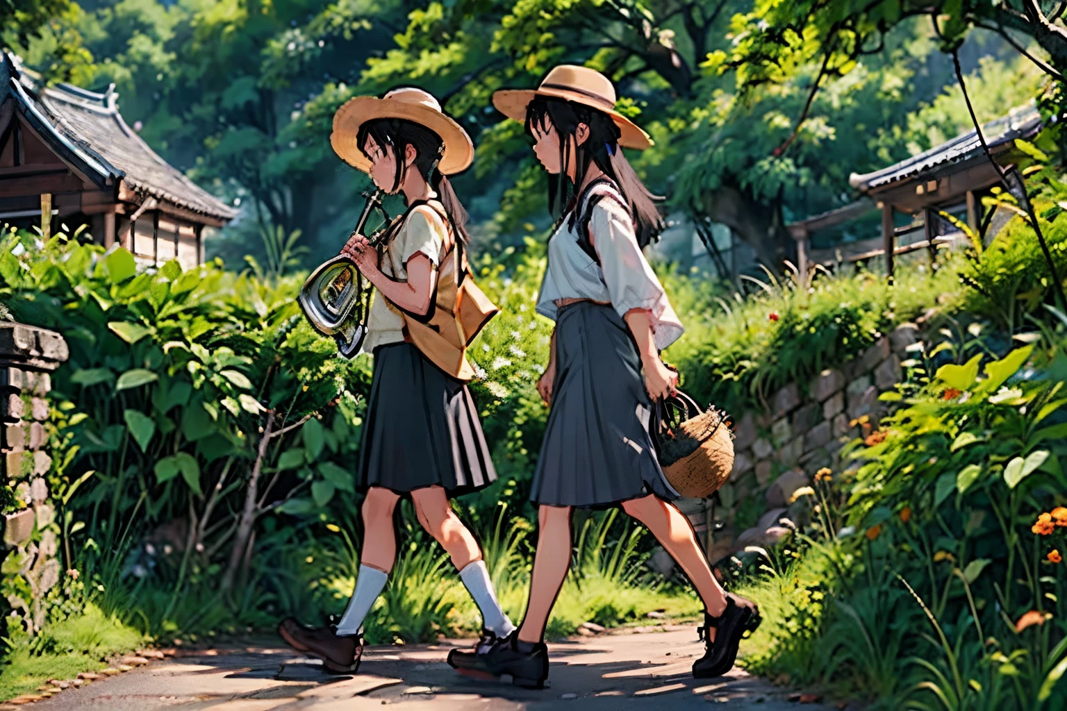 Two girls and a calico cat  、 (Take a walk with a calico cat :1.2)、(Pushing a bicycle:1.2)、On top of the stone walls of a Japanese castle ruins、 black hair,  short hair while on a business trip、 long hair,  hair tie ,  Hair Band ,  Hair Accessory ,  straw hat、 skirt 、 spotted sunlight 、 (Trumpet Creeper:1.2)、Outdoors, nature, tree々、  Compa、rock、countryside、Suburban、( blur background)、4K、8k、 wallpaper、 best quality 、 HD、Masterpiece、