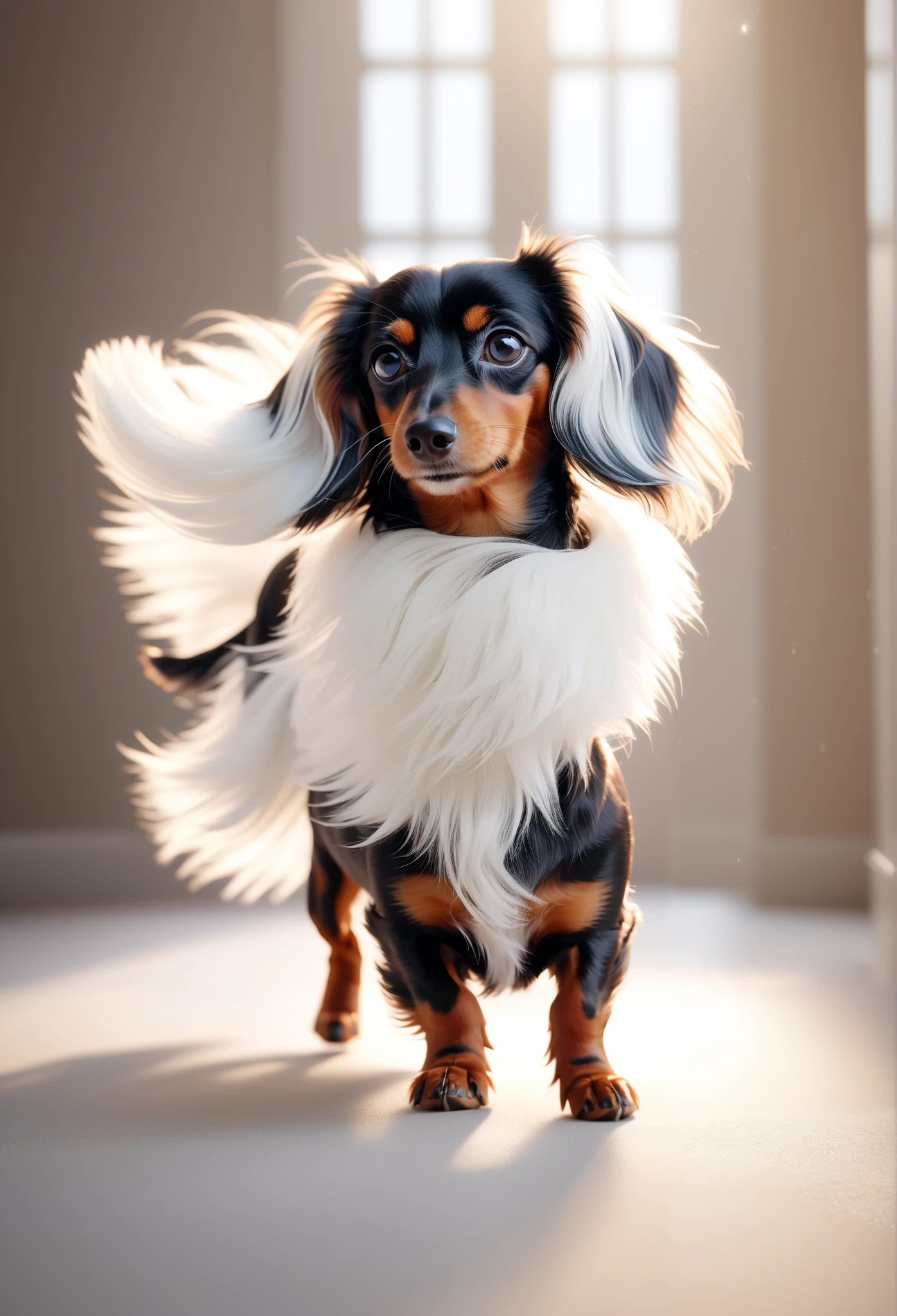 (((Soft Tone))), disorganized , Masterpiece, best quality , high resolution, Unreal Engine rendering , high quality rendering , Macro Lens, landing strop pubic hair , Particles of light、Holding a miniature dachshund with soft long white fur