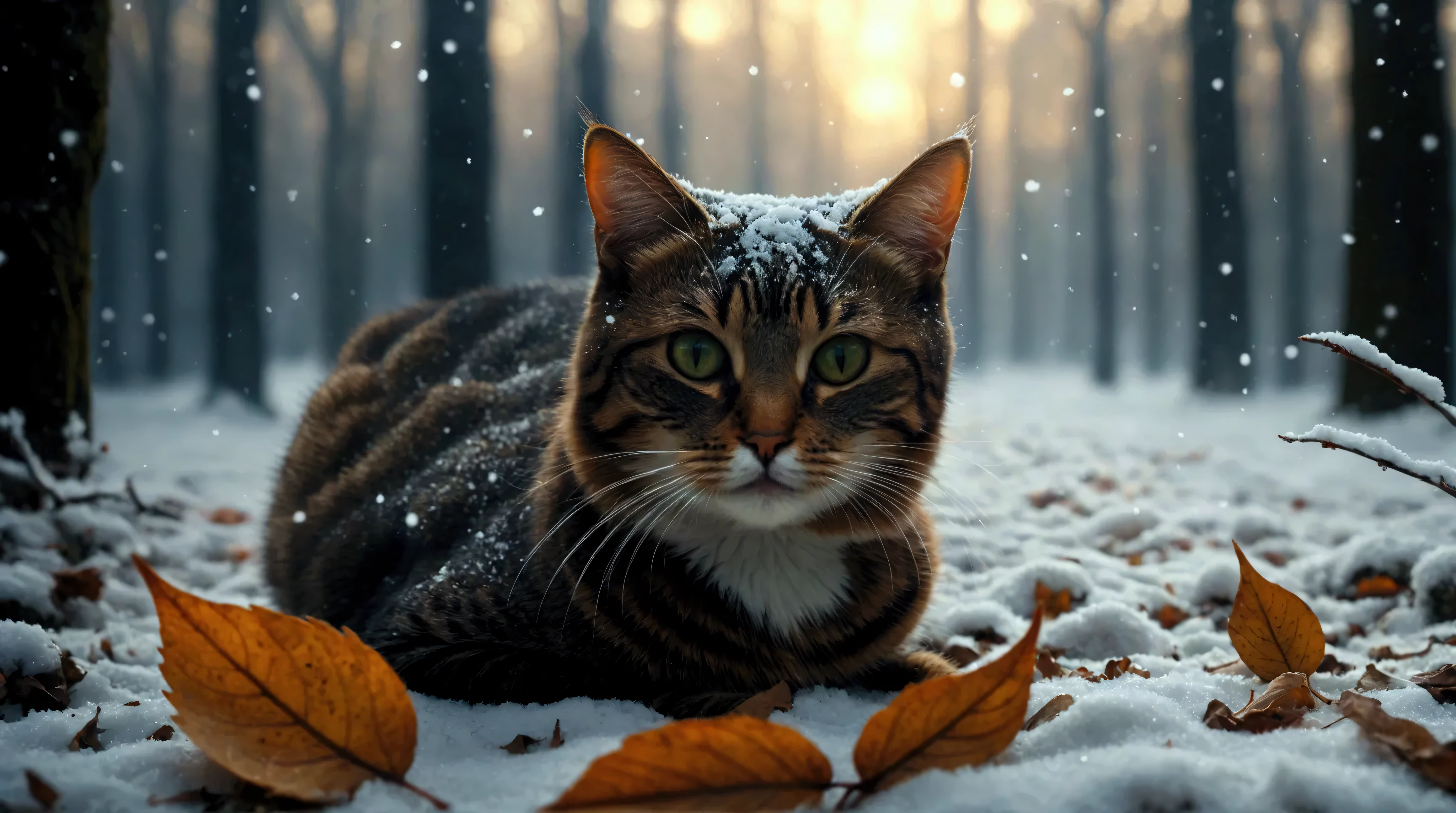 cat, First Snow , Flakes , partial snow cover, cinematic stills, Breathtaking, fallen leaves , Feeling depressed, Paper-like texture , nature whispering farewell in a rustling wind , photo-realism, Film Grain , stills, Bokeh, intricately detailed, , perfect composition, beautiful detailed intricate insanely detailed octane render trending on artstation, 8 k artistic photos , photorealistic concept art in front of the sky , perfect cinematic light with soft natural volume , chiaroscuro , Award-winning pics, Masterpiece, Oil painting, Raphael, Caravaggio , Greg Rutkowski , Beeple, Beksinski, Giger