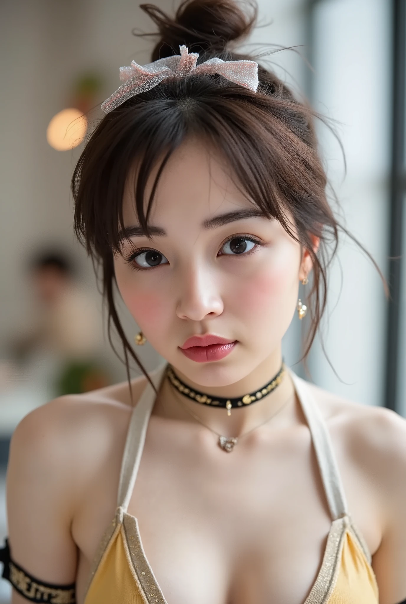 Masterpiece, best quality ,16k,8k, beautiful, super high definition, Super high quality , nsfw,( Sharp Concentration ), ( Super Detailed Beautiful Japanese Beauty Female Idols,emphasizing her cleavage.:1.7), ( troubled face:1.3), Woman in the center of the image, Photorealistic , hyperrealism , ( micro bikini, big boobs:1.5) ribbon hair accessory, glitter effect,