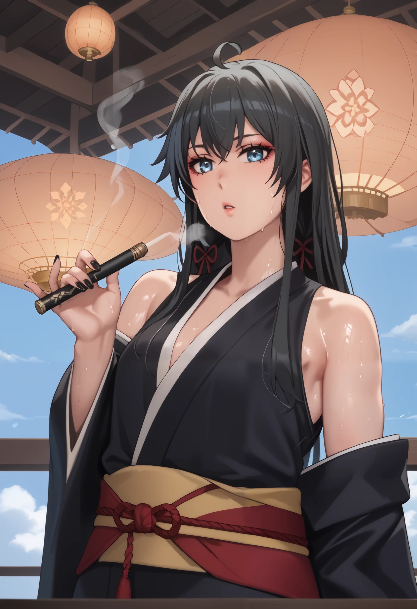 score_9, score_8_up, score_7_up, score_6_up, uncensored, yukino yukinoshita, black hair, blue eyes, long hair, ahoge, (small breast:1.4), anime coloring, anime screencap, BREAK UHD, retina, masterpiece, accurate, anatomically correct, textured skin, super detail, high details, high quality, award winning, best quality, highres, 4K, black nails, makeup, eyelashes, excessive sweating, sweating, sweating drop, (gasping, heavy breathing:1.3), (skindentation:1.2), perfect eyes, beautiful eyes, eyelashes, makeup, detailed body, perfect body, BREAK, Looking at viewer, modern decor,cozy atmosphere,relaxing vibes,urban backdrop,dreamy ambiance, magical aura, enchanting beauty, mystical setting, enchanting artwork, intricate details.sweating, kimono, japanese_clothes, 1girl, sash, solo, smoke, obi, cloud, smoking, looking_at_viewer,