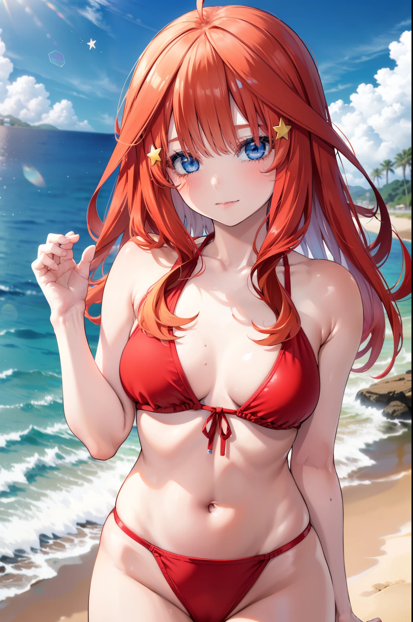 Nakano Itsuki , long hair, stupid hair,blue eyes, hair ornament, Red Hair, Glass, Hair bangs, star ( symbol ),smile,blush, mouths,Big Breasts, cleavage in years,Red bikini swimsuit,生足whole bodyがイラストに入るように, break looking at viewer,whole body, break outdoors, Beach , sandy beach, break (masterpiece:1.2), best quality , kampala,unity 8k wallpaper,(shape:0.8),( fine, beautiful eyes :1.6),It's a person ,whole body写真,CG Details , (perfect hand, complete anatomy),
