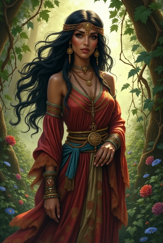 A gypsy with green eyes and black hair., white blouse with gold medals and red ruffled skirt, shell necklaces.