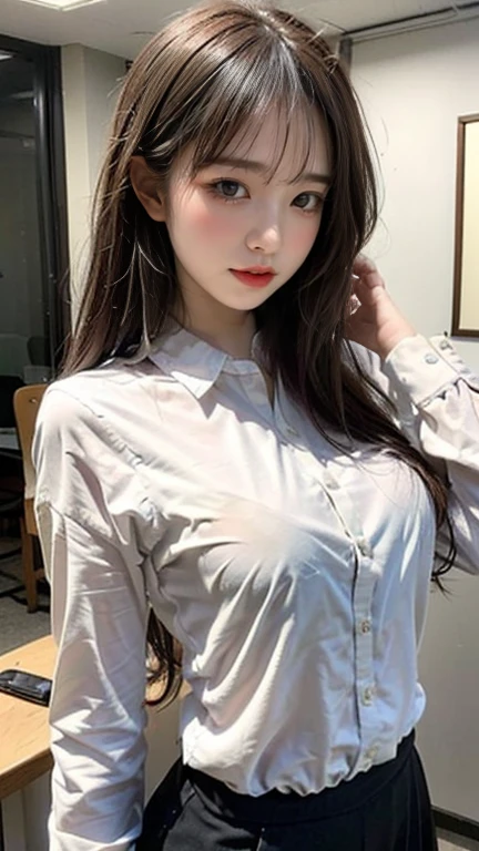 muste piece, best quality, illustration, Super detailed, fine details, High resolution, 8K,wall paper, perfect dynamic composition,(Details High quality, realistic depiction of eyes:1.3), standing, short hair, (wavy hair:1.2), (Oversized_Shirt:1.2)、Oversized_Shirt, Layered Cut, black hair color, Big Natural Color Lip, hotel room, crying a little、cold gaze, Harajuku style、20 year old girl、cute type、lolita, Gravure Idol, full body photo、focus on crotch, huge breasts