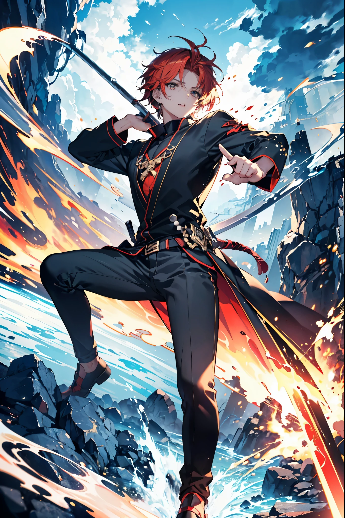 masterpiece, ((best quality, delicate hair, delicate eyes, ultra-detailed,)) ((male, handsome male, sharp golden eyes, androgynous face, bright red hair)), ((golden eyes, mysterious appearance, muscular, wearing disheveled black shirt, black skinny pants, red dual swords, dual-handed sword stance, precise sword stance, swordsmanship posture)), sword master, (dynamic pose, battle stance, cloudy sky background, detailed anime style illustration, intense expression, aura of hidden power, flames and sparks, extremely detailed, strong shadows), ((proper hand anatomy:1.4)), ((proper body anatomy:1.4)), ((proper leg anatomy:1.4)), ash, ice, ink wash painting, ink splashing, color splashing, action lines, motion blur, dramatic lighting, sword reflection