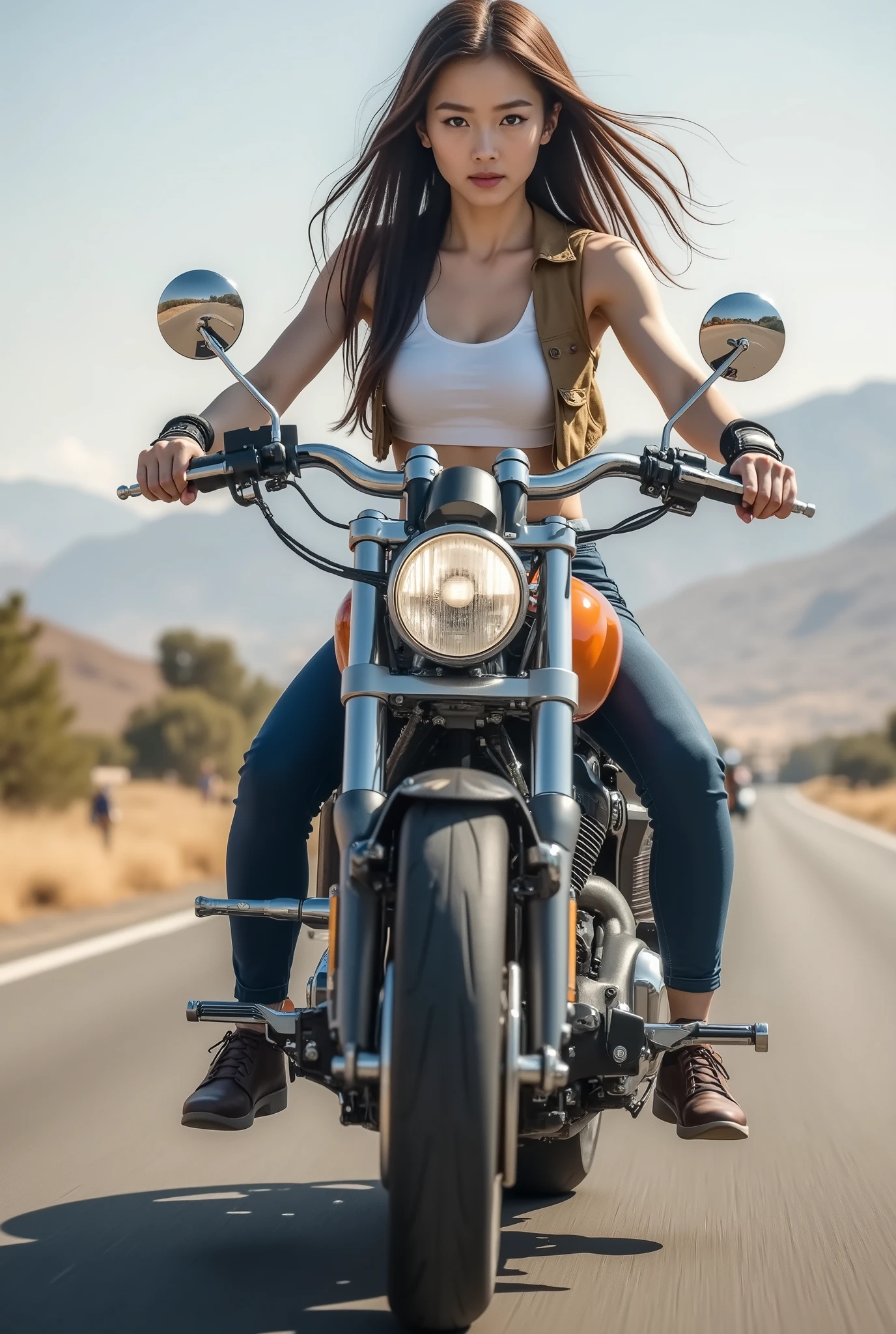 (8k, Top Quality, Masterpiece), ( realistic , photo realistic : 1), (Run on a Harley :1)