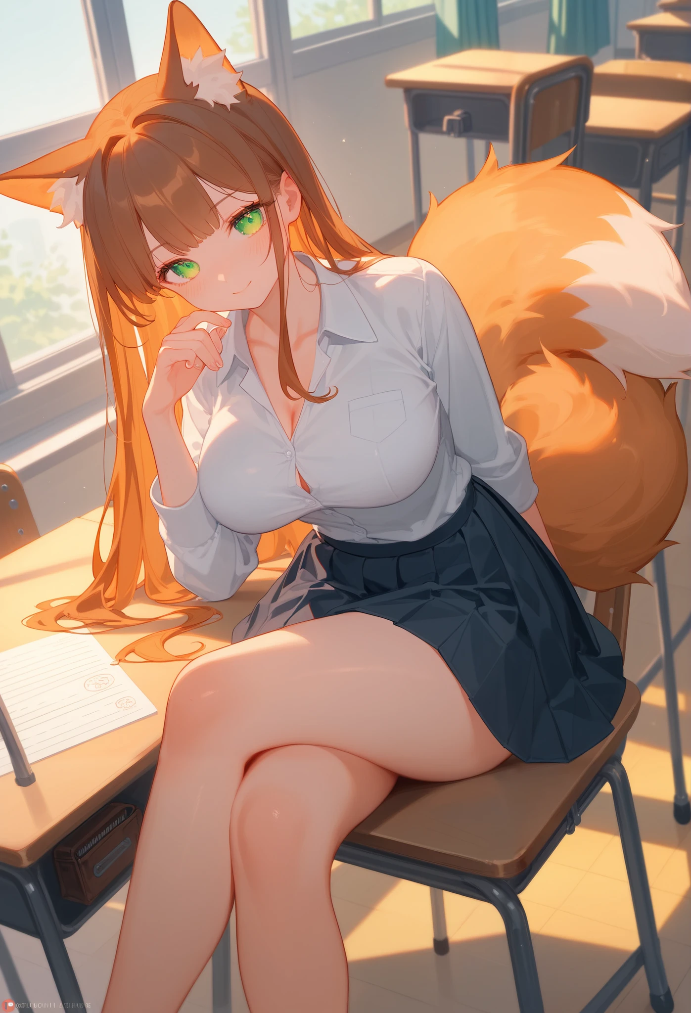 (masterpiece), best quality, highres, ultra-detailed, pastel colors, Girl with Long brown hair, bangs, tender and green eyes, large breasts, adorable blush, adorable face, Tender and adorable body, Fox ears and tail, Beautiful and curvy body, body with nice ass, big breasts, 

Snorting with laughter, sonrisa traviesa,school uniform,skirt set,dress shirt,classroom,(chair,desk),from above,((crossed legs)),sitting,(chin on own hand,goo hand)