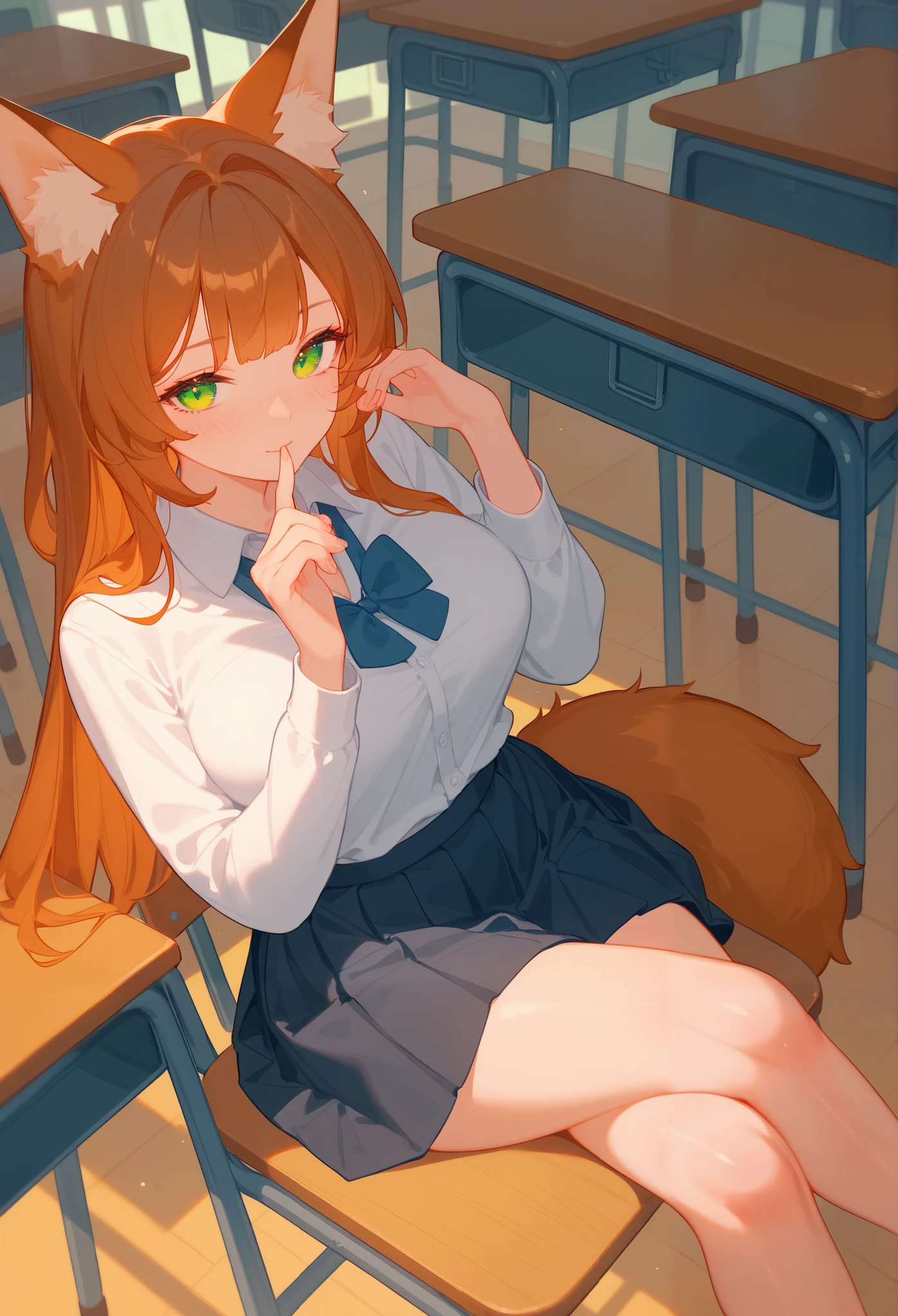 (masterpiece), best quality, highres, ultra-detailed, pastel colors, Girl with Long brown hair, bangs, tender and green eyes, large breasts, adorable blush, adorable face, Tender and adorable body, Fox ears and tail, Beautiful and curvy body, body with nice ass, big breasts, 

Snorting with laughter, sonrisa traviesa,school uniform,skirt set,dress shirt,classroom,(chair,desk),from above,((crossed legs)),sitting,(chin on own hand,goo hand)