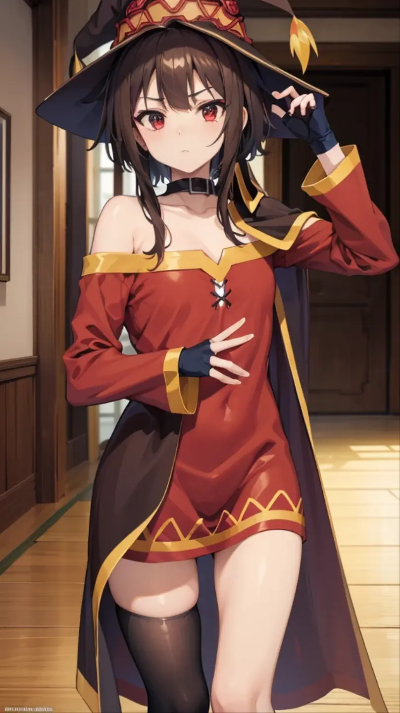 masterpiece, best quality, high resolution, unity 8k wallpaper, (illustration:1.1), ultra-detailed face, extremely detailed CG,
perfect anatomy, nice hands, perfect hands,
Megumin,
Megumin\(konosuba\),
1girl,
short hair with long locks,
brown hair,
(red eyes:1.1), (beautiful detailed eyes:1.2),
looking at viewer,
off-shoulder dress, red dress, brown cape, long sleeves,
single thighhigh, asymmetrical legwear, bandaged leg,
small breasts,
ollarbone,
witch hat, black choker, black gloves, fingerless gloves,
cowboy shot,
perfect lighting,
background of indoor, on the bed,