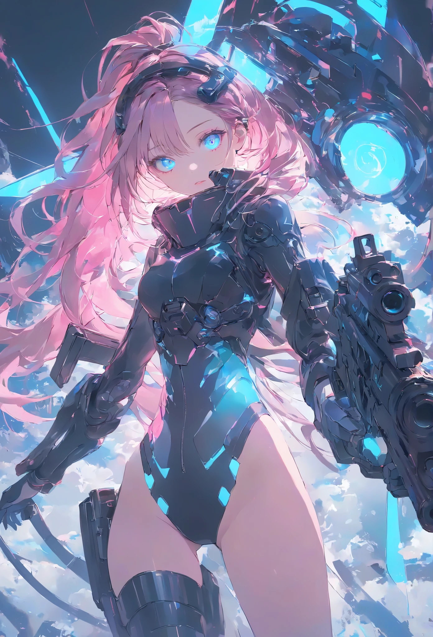 Masterpiece, high quality, high definition, high resolution, high sensitivity, depth, 16k, Makoto Shinkai illustration, ultra fine, surreal, digital painting, neon color, cyberpunk, science fiction, one girl, small breasts, beautiful face, beautiful legs, long eyelashes, fair skin, blue eyes, slit eyes, blue glowing eyes, pink ponytail, black mechanical suit, black body armor, fluorescent glowing suit, mechanical hair piece, head mounted display, futuristic firearms, lever action, gun held forward, anatomically accurate handle, muzzle facing viewer (muzzle: 1. 1) Cinematic angle.