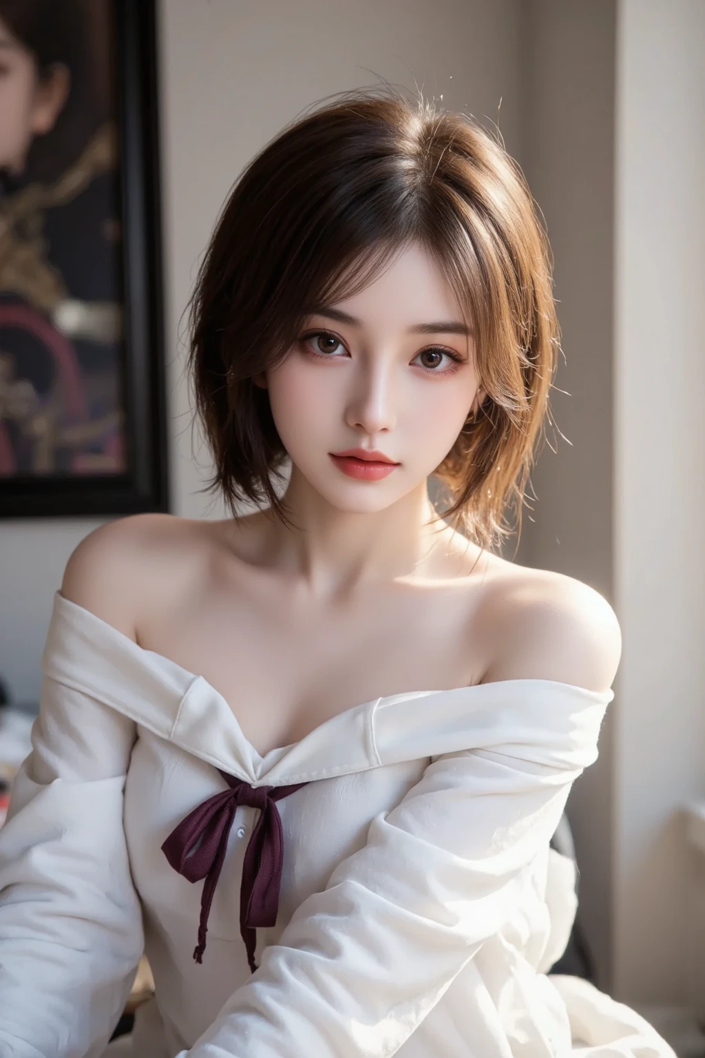 (1 Japan actresses), (forward:1.5), think back, (very detailed美しい顔), wonderful face and naughty eyes, (highest quality:1.4), (super detailed), (very detailed CG 統合 8k 壁紙), very detailed,unusual angle、professional photography, realistic portrait, wonderful face and eyes, (The chest is fluttering:1.5)、Depth of the bounds written, ,short hair、sit on a round chair、cross your legs、provocative attitude
