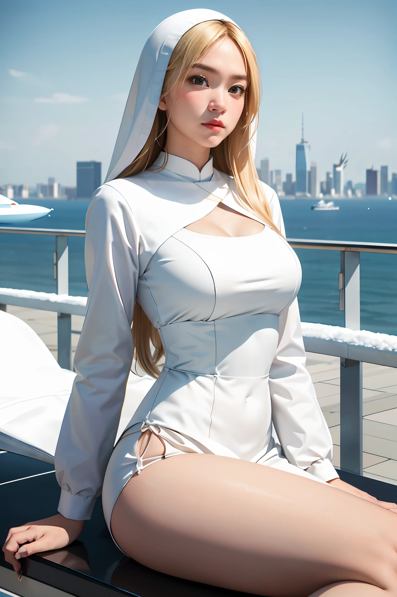 laying on bed, Horny, necklace, earrings, full body, long white hair, uniform, uniform off shoulder, cleavage, superb, ultra-high-definition, RAW photo, realism: 1.25), (bright lip gloss, long eyelashes, smooth face, bright skin, natural shadows, wide light, wide light, depth of field, strong colors, subtle caustics: 0.8), (big tits), v6