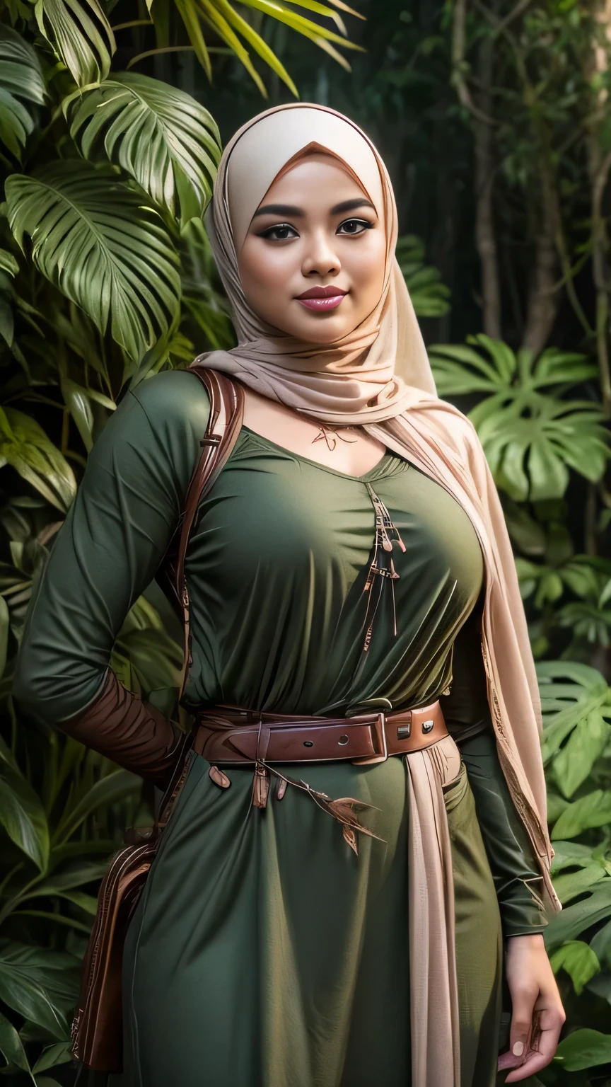 RAW, Best quality, high resolution, masterpiece: 1.3), beautiful Malay woman in hijab (iu:0.8),Best quality, high resolution, Masterpiece: 1.3, Beautiful hijabi malay girl, Masterpiece, Soft smile, Realistic, 1girl, charming eyes, glowing eyes,parted lips, big breast, Beautiful adult woman in hijap, full-length, beautiful figure, aesthetics of the female body, savage from the islands, hunter of mysterious creatures, observing the creature, in ambush, studying the creature found, in ranger clothes, with a large backpack, detailed clothes, many pockets, many belts, everything is hung with gadgets, catches small mysterious creatures, hunts small creatures, mysterious forest, beautiful forest, nature surrounded by flowers, tender leaves and branches surrounded by fireflies (natural elements), (jungle theme), (leaves), (branches), (fireflies), (particle effects), etc.3D Octane rendering, ray tracing, super detailing viewer, closeup