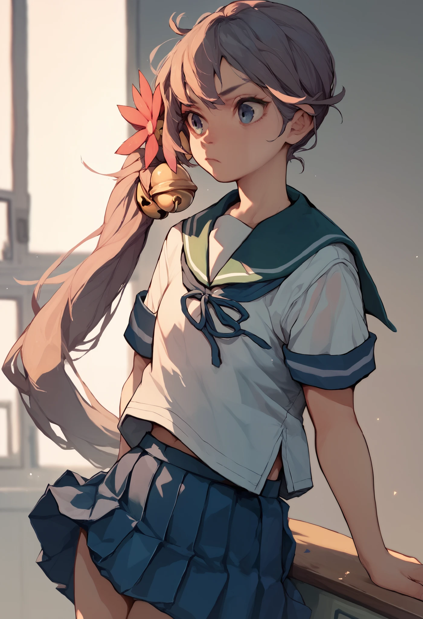 akebonokaiKC, long hair,hair ornament, school uniform, short sleeves, pleated skirt, hair flower, sailor collar, side ponytail, blue skirt, hair bell,