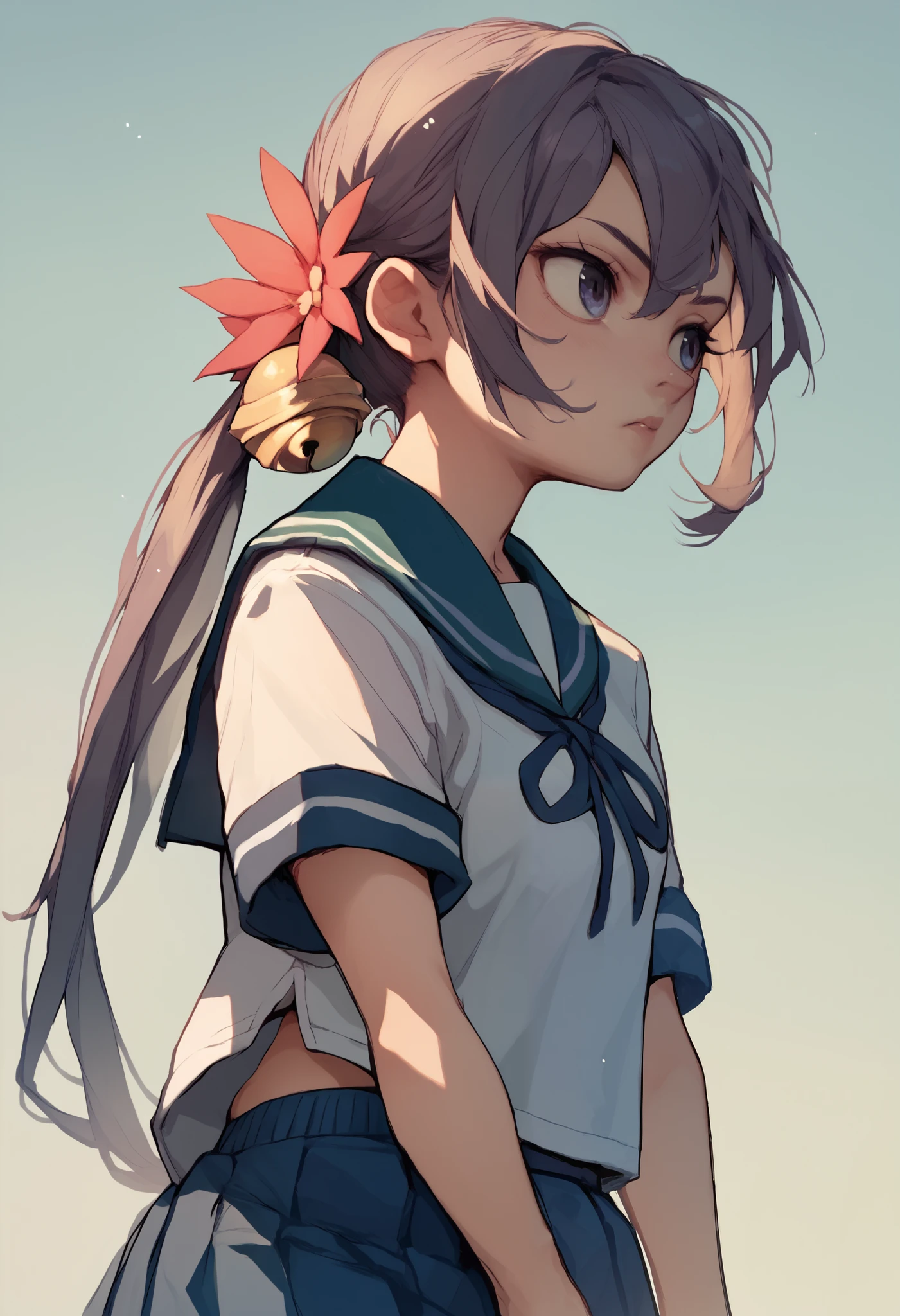 akebonokaiKC, long hair,hair ornament, school uniform, short sleeves, pleated skirt, hair flower, sailor collar, side ponytail, blue skirt, hair bell,