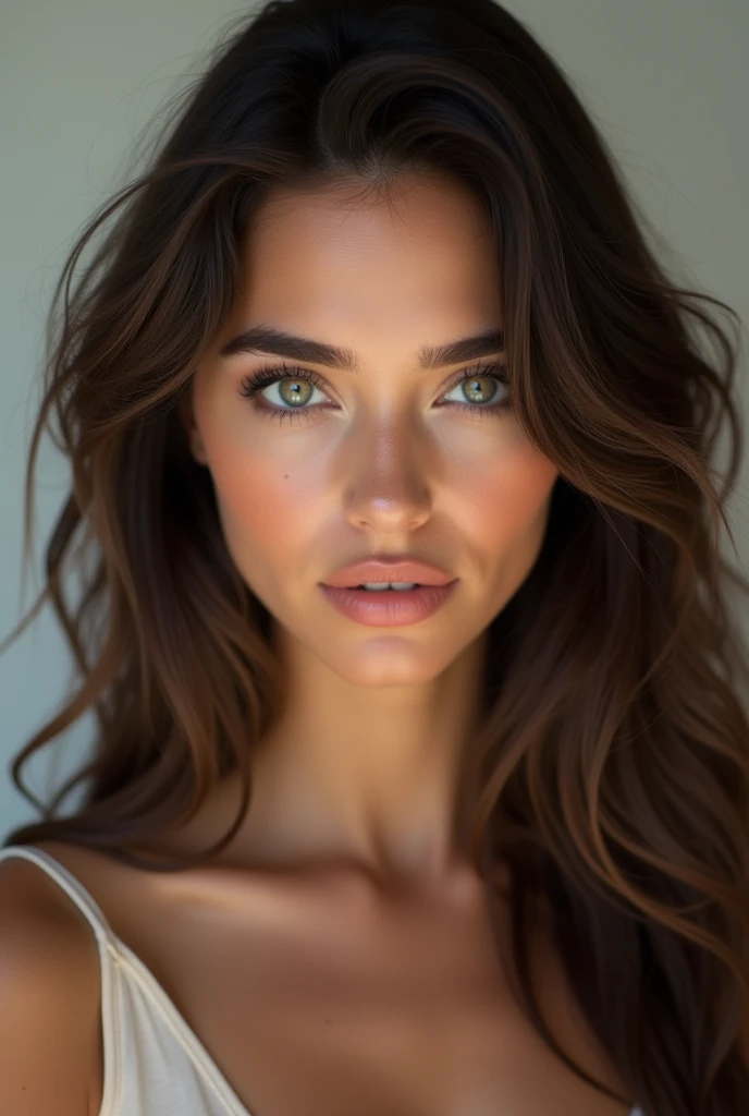 (Photorealism:1.1), brunette woman, 1m65, green eyes, fossette au joue, D cup chest,  slim waist and hip, Mediterranean type 