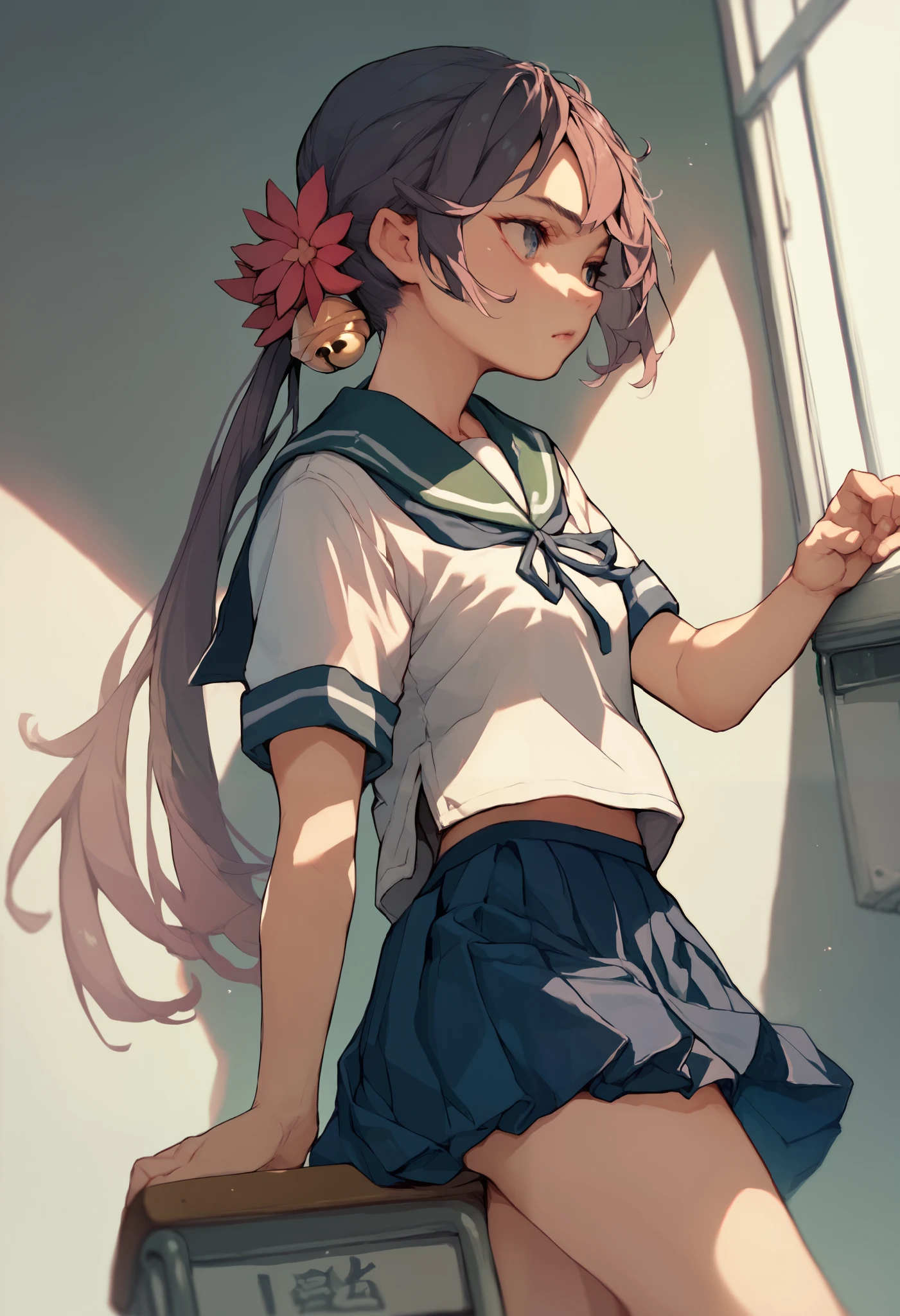 akebonokaiKC, long hair,hair ornament, school uniform, short sleeves, pleated skirt, hair flower, sailor collar, side ponytail, blue skirt, hair bell,