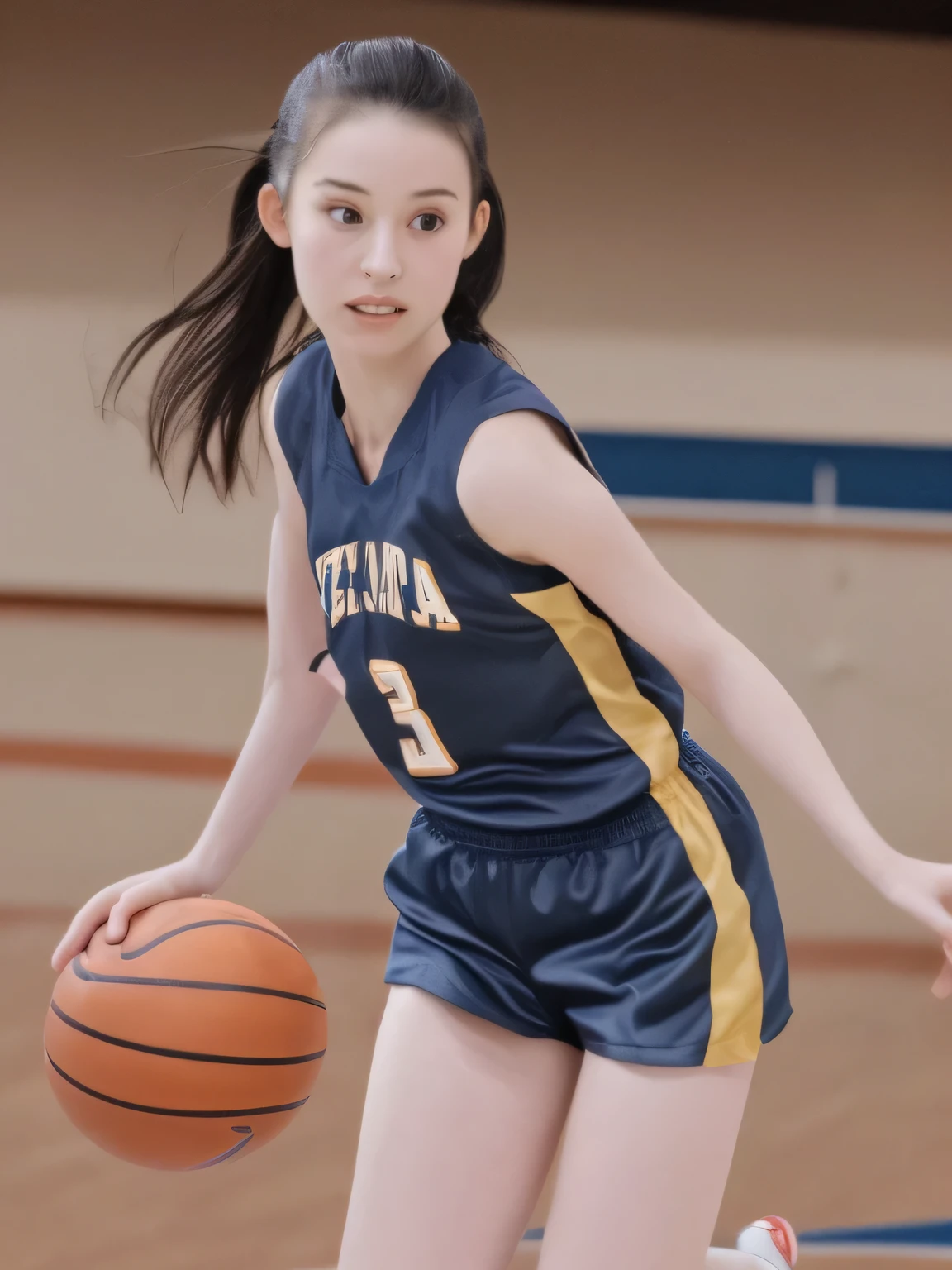 A young female basketball player executing a dynamic jump shot with precision and grace. The basketball is held firmly in both hands as she aims for the hoop, her form exuding confidence and mastery. Her slim-fit basketball uniform highlights her athletic build, while black high socks and matching sneakers provide a sleek and modern look. Her neatly braided black hair arcs through the air as she leaps, with her intense black eyes fixed firmly on the goal. The polished wooden floor of the brightly lit gymnasium reflects the action, emphasizing the energy, elegance, and competitive spirit of the moment. smiles gently, FRIENDLY. ( RAW photos , top quality ), ( realistic , photo- realistic :1.4), masterpiece, extremely delicate and beautiful, extremely detailed, 2k wallpaper, amazing on the beach, Detailed description, extremely detailed CG unity 8k wallpaper, ULTRA DETAIL, high res, Soft light, beautiful detailed girl looking back, extremely detailed eyes and face, beautiful detailed nose, beautiful detailed eyes, cinematic lighting, Perfect Anatomy, slender body.