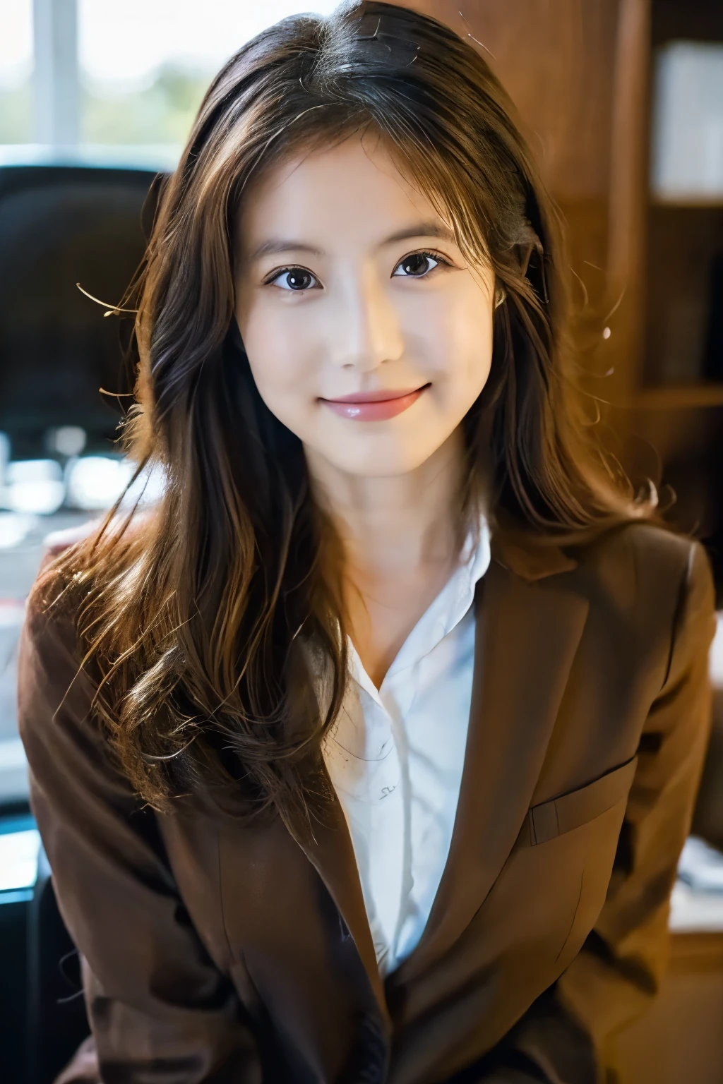 (((Very pretty portrait ))), (( shiny skin)), one girl, sexy 25 year old girl, (( natural wavy brown hair)), ( brown eyes), long eyelashes, Glossy lips, gentle smile staring at camera, ((masterpiece)), (( best quality )), ( more details), perfect face, whole body, ((Office uniform)), ( in the office), is sitting, long limbs, big breasts, Surrealism, first-person view, f/1.8, Nikon