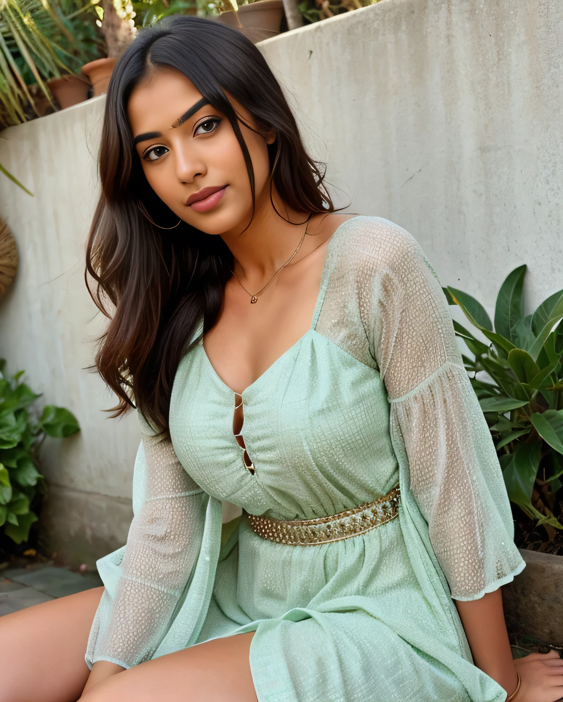 lovely cute young attractive indian girl, brown eyes, gorgeous actress, 23 years old, cute, an Instagram model, Indian, wearing Cute green Flower Sundress and Cardigan, you should give a cute smile and look in another direction