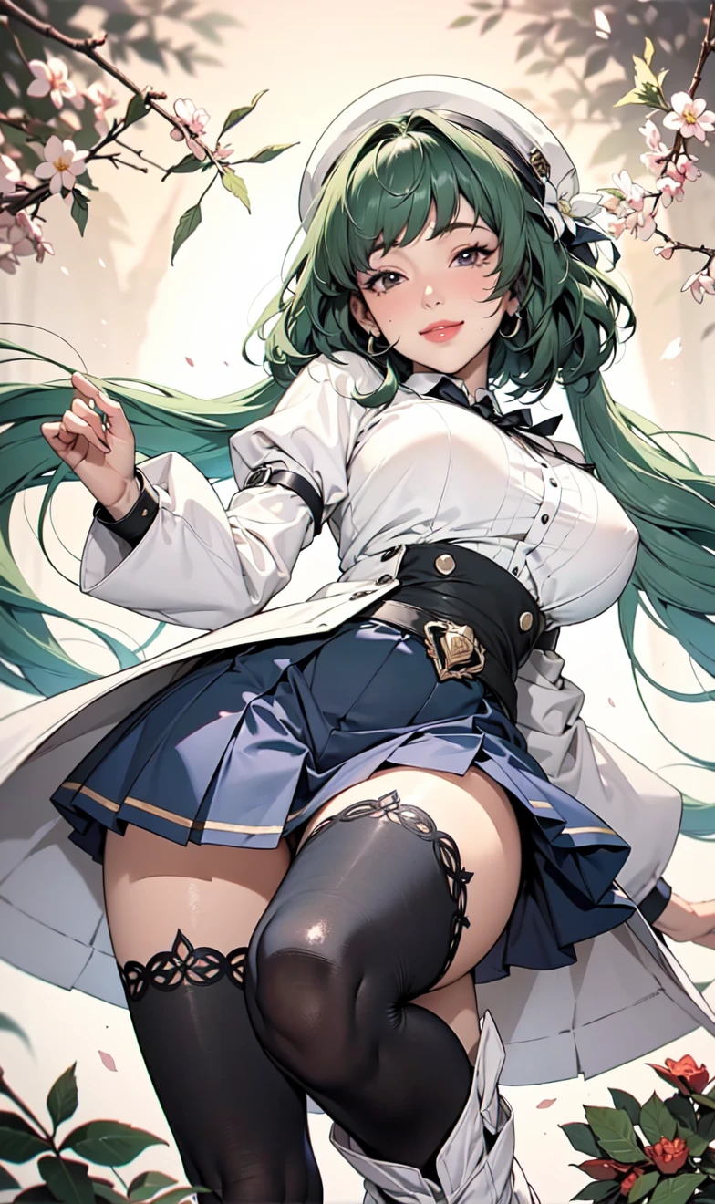 High detailed, kimtag, 1 girl, Cream colored eyes, vivid green tones colored hair, huge curly hair, busty, chunky body, pink genetics's uniform, Juliet sleeves, ribbon, deep cleavage, white skirt, genetics's uniform, juliet sleeves, Ribbon, genetics's uniform,