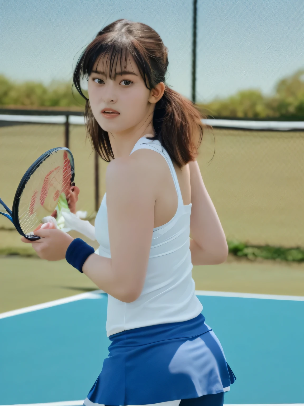 A young female tennis player dressed in a sleek blue tennis outfit stands ready, with her white undergarments visible. gripping her tennis racket with both hands in a poised and focused stance. The sunlight highlights the crisp lines of her attire and the polished strings of the racket. Her determined gaze locks onto an unseen opponent, exuding confidence and anticipation. The lush green grass of the tennis court extends into the distance, framed by a clear blue sky. This dynamic scene captures the perfect blend of elegance, power, and athletic prowess, showcasing her readiness to strike with precision and grace. smiles gently, FRIENDLY. ( RAW photos , top quality ), ( realistic , photo- realistic :1.4), masterpiece, extremely delicate and beautiful, extremely detailed, 2k wallpaper, amazing on the beach, Detailed description, extremely detailed CG unity 8k wallpaper, ULTRA DETAIL, high res, Soft light, beautiful detailed girl looking back, extremely detailed eyes and face, beautiful detailed nose, beautiful detailed eyes, cinematic lighting, Perfect Anatomy, slender body.