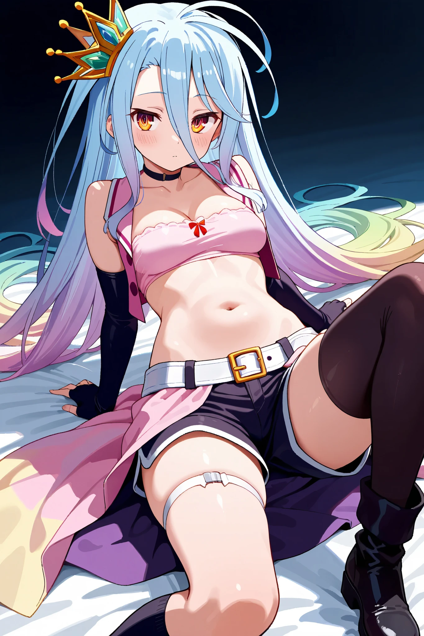 Best Quality, Single Girl, On Bed, Colorful Hair, Cute, Cartoon, Sheer White Skin, Asian Girl, Full Body, Middle School, Radiant, Quiet Child, High Contrast, Seductive, Sensual, Eye Color Red, Vampire, Vampire, Fangs, Shy Face, Crotch Spread, Almost Naked, Succubus, No Bra, Hidden by Hair, Garter Belt