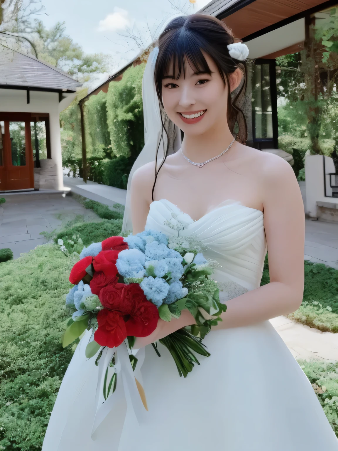 A stunningly beautiful 20-year-old woman standing in the courtyard of a luxurious mansion under a clear blue sky. She is wearing a white and blue wedding dress and holds a red bouquet with both hands in front of her chest. She looks very happy, with a radiant and joyful expression.