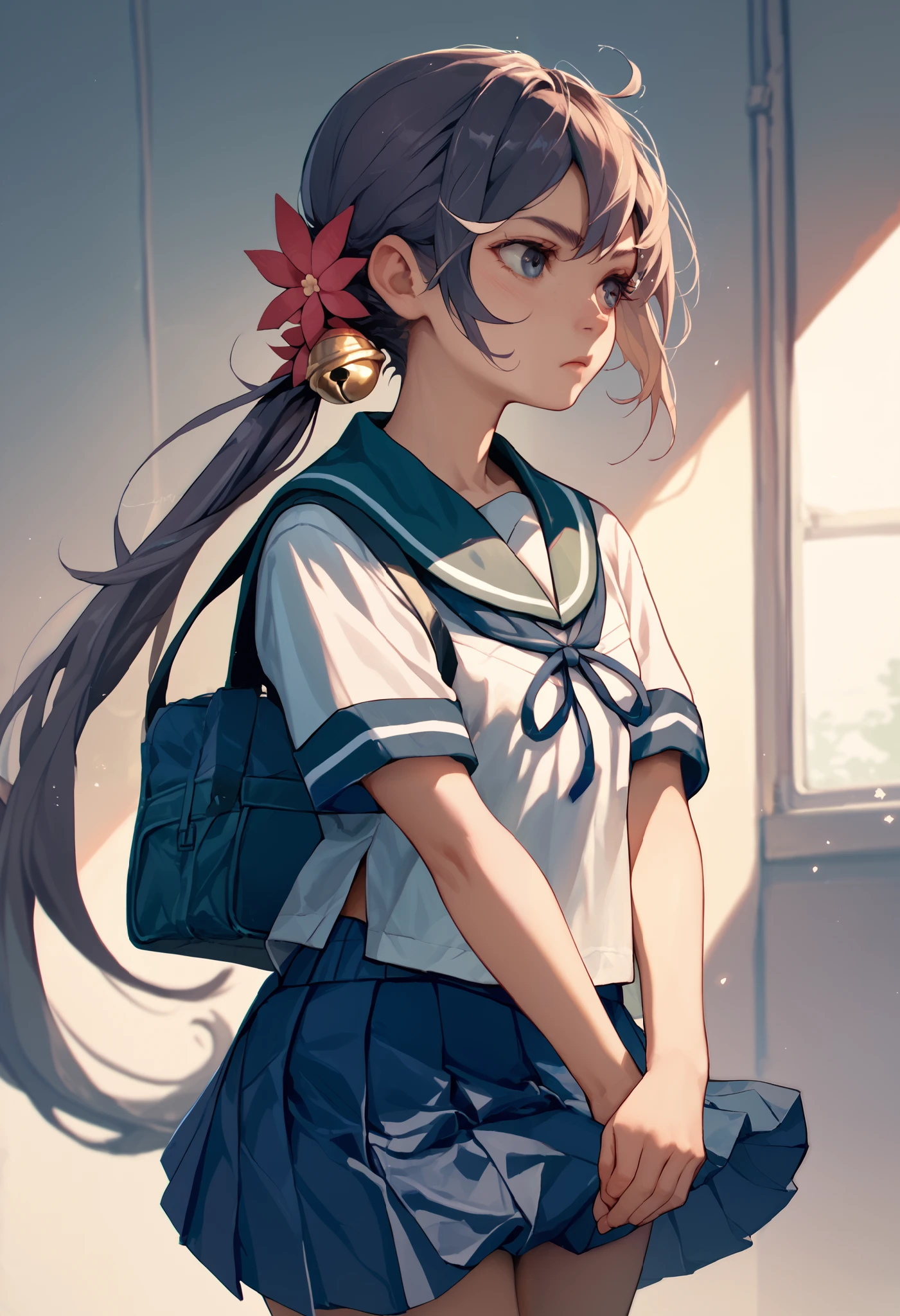 akebonokaiKC, long hair,hair ornament, school uniform, short sleeves, pleated skirt, hair flower, sailor collar, side ponytail, blue skirt, hair bell,