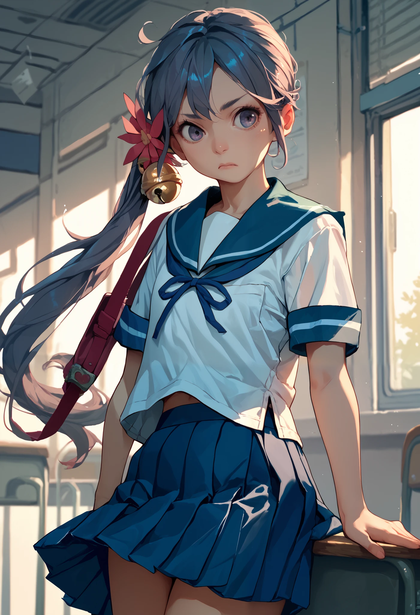 akebonokaiKC, long hair,hair ornament, school uniform, short sleeves, pleated skirt, hair flower, sailor collar, side ponytail, blue skirt, hair bell,