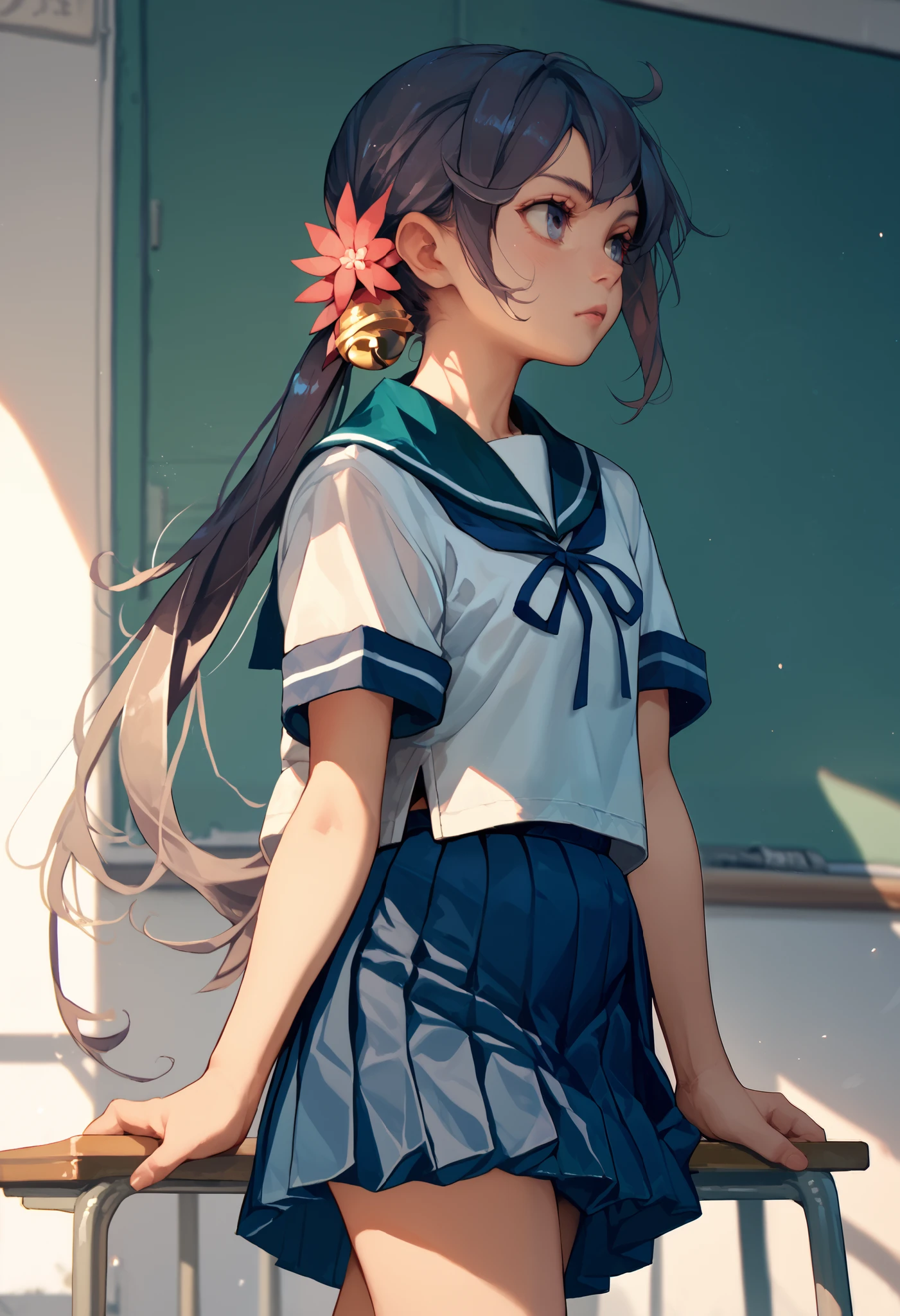 akebonokaiKC, long hair,hair ornament, school uniform, short sleeves, pleated skirt, hair flower, sailor collar, side ponytail, blue skirt, hair bell,